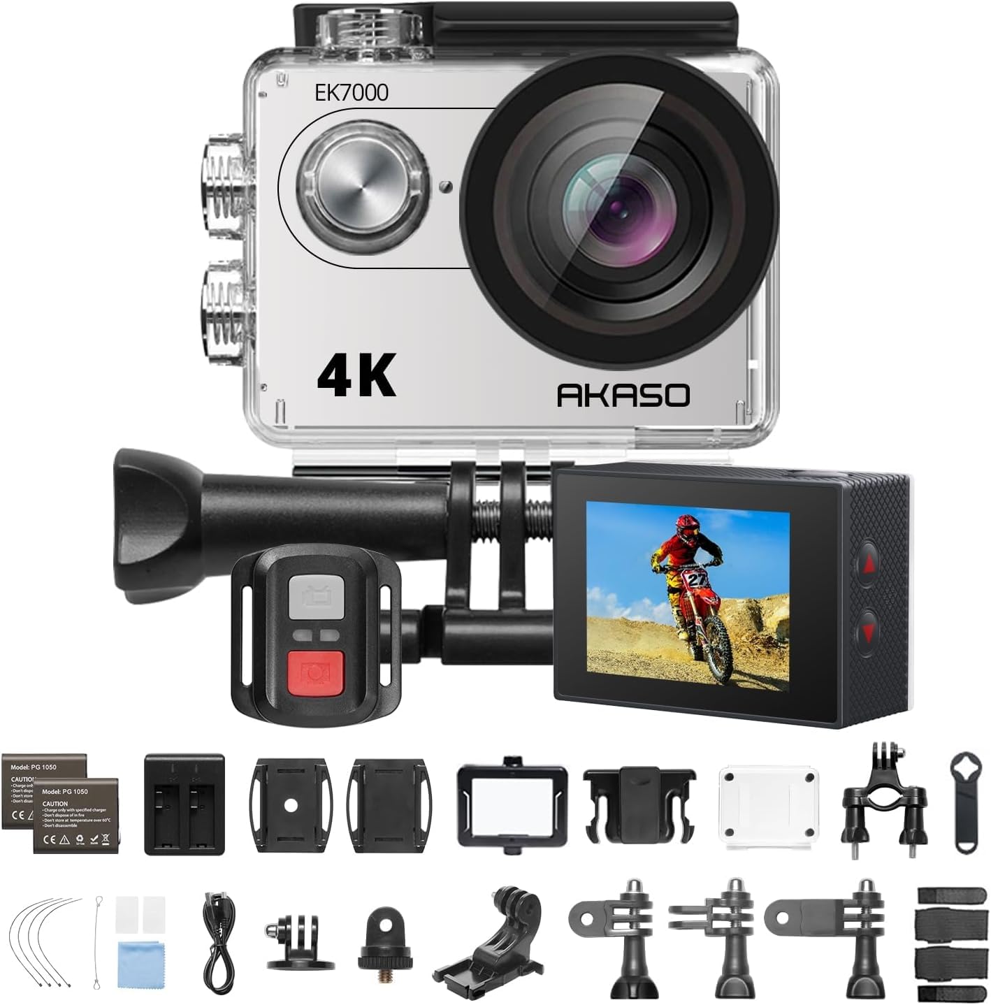 AKASO EK7000 4K30FPS 20MP Waterproof Action Camera with 170° Wide Angle Lens - Underwater Sports & Adventure Photography - Supports External Mic for Vlogging (Silver)