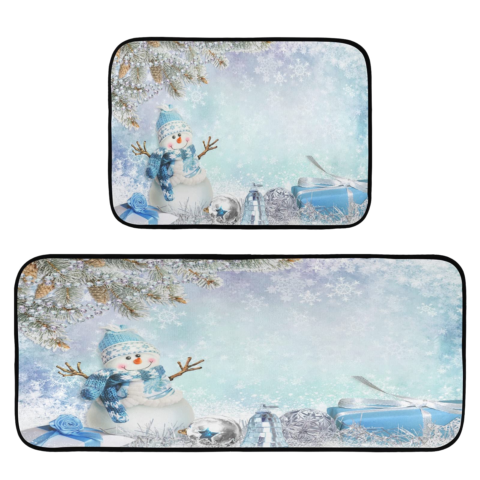 Christmas Snowman Non-Slip Kitchen Mats Set of 2 - Holiday Fir Branches & Snowflakes Design, Soft Xmas Doormats for Kitchen, Laundry, Entryway - Perfect Winter Home Decor & Gift Box Accessory