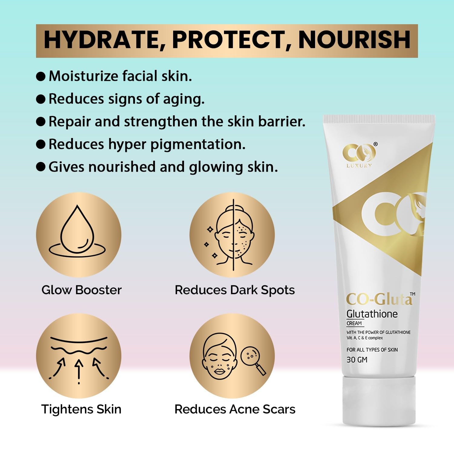 CO LUXURY Glutathione Skin Brightening Cream with Kojic Acid & Vitamin C - Dark Spot Corrector for Hyperpigmentation, Age Spots & Uneven Skin Tone | Whitening Face Moisturizer for Men & Women (30g) | Perfect for Daily Skincare Routine & Nighttime Use