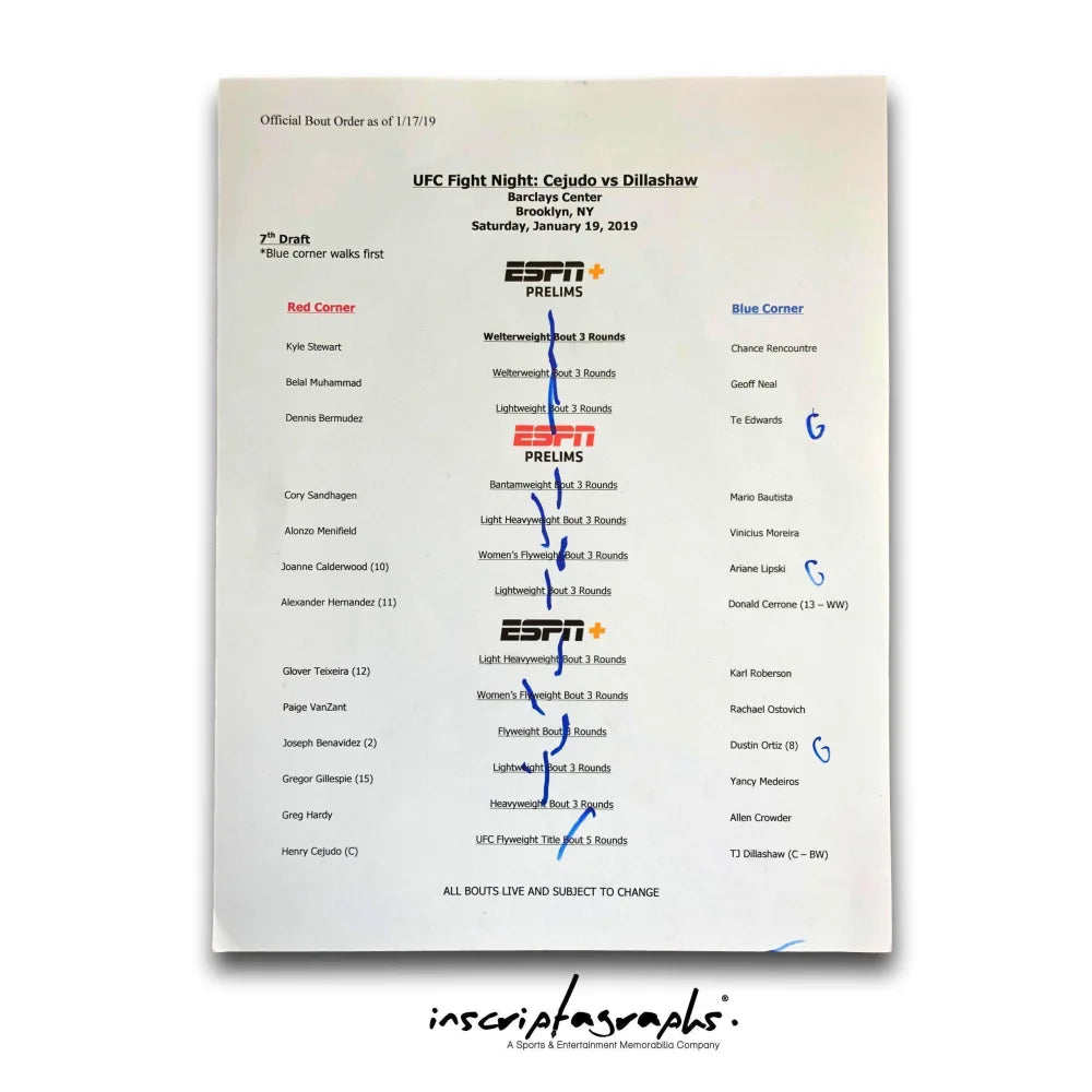 Bruce Buffer UFC ESPN 1/19/19 Official Bout Order List Card - Dillashaw vs Cejudo Fight Collectible - Perfect for UFC Memorabilia Collections and Sports Fan Displays