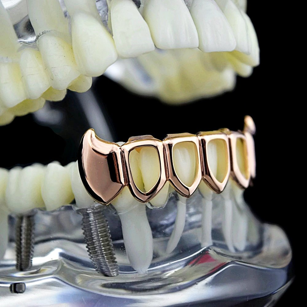14K Rose Gold Plated Vampire Fang Grillz - Open Face Teeth Jewelry for Lower Bottom - Perfect for Halloween Costumes, Hip Hop Fashion & Gothic Style
