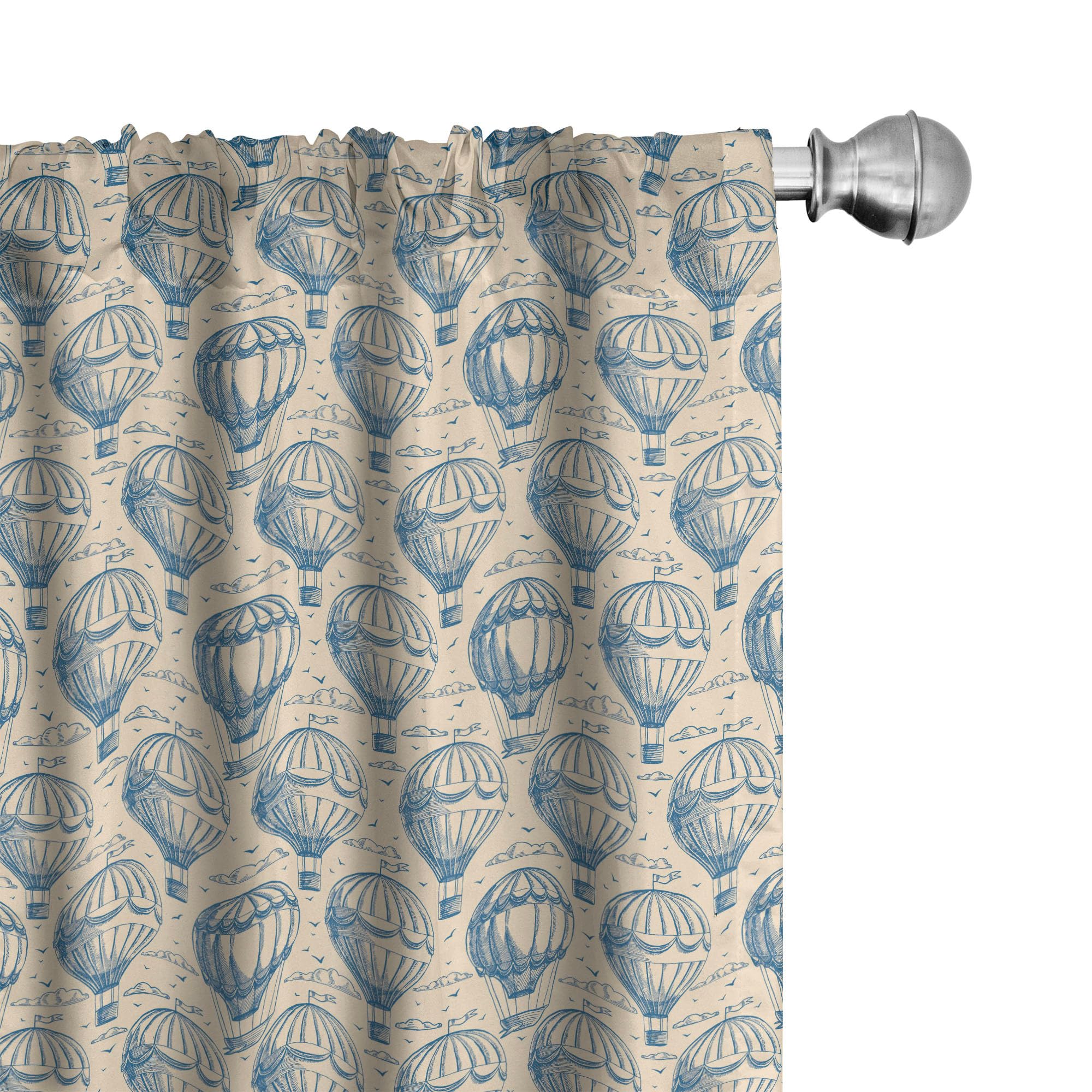 Ambesonne Blue and Beige Window Curtains - Sketch Art Style with Hot Air Balloons, Clouds & Flying Birds - Lightweight 2-Panel Set with Rod Pocket (28