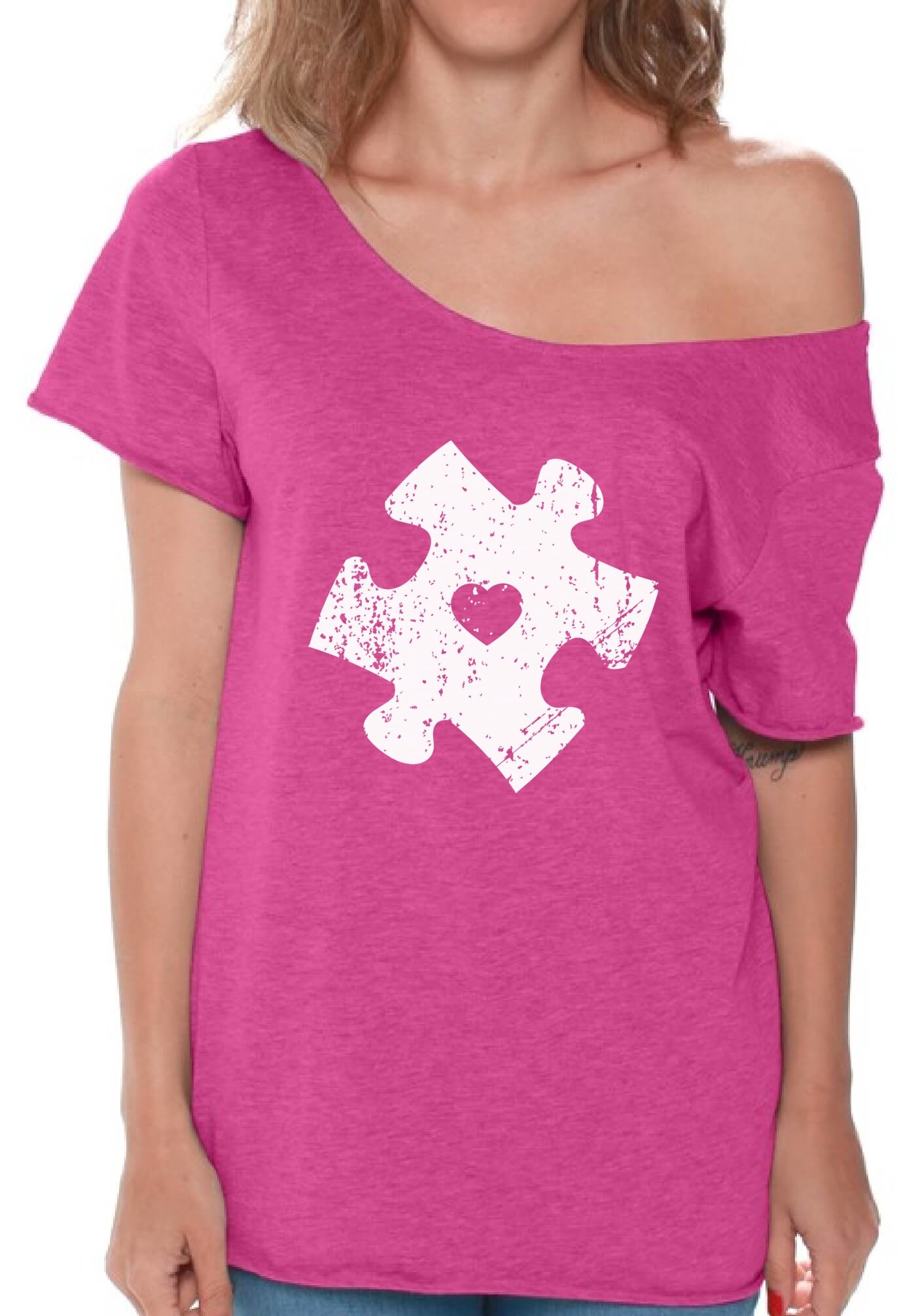 Pekatees Women's Autism Awareness Puzzle Piece Off Shoulder Flowy Top - Comfortable Casual Shirt for Awareness Events, Fundraisers & Everyday Wear
