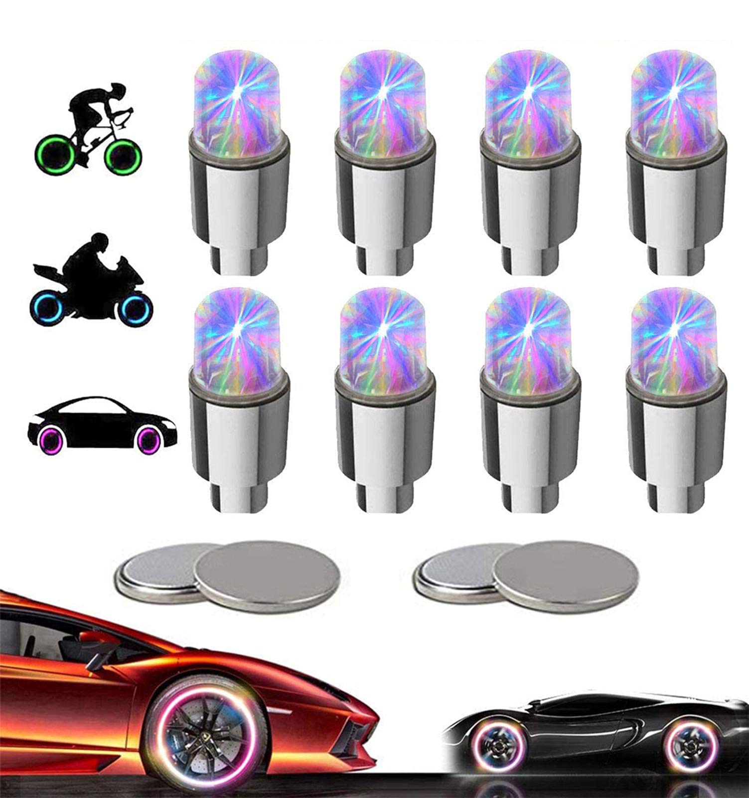 YUERWOVER 8 Pack LED Tire Valve Caps - Colorful Bike Wheel Lights for Cars, Trucks, Golf Carts, Bicycles & Motorcycles - Waterproof Tyre Spoke Flash Lights with 10 Extra Batteries - Perfect for Night Riding, Safety Visibility & Kids Fun (Multicolor)
