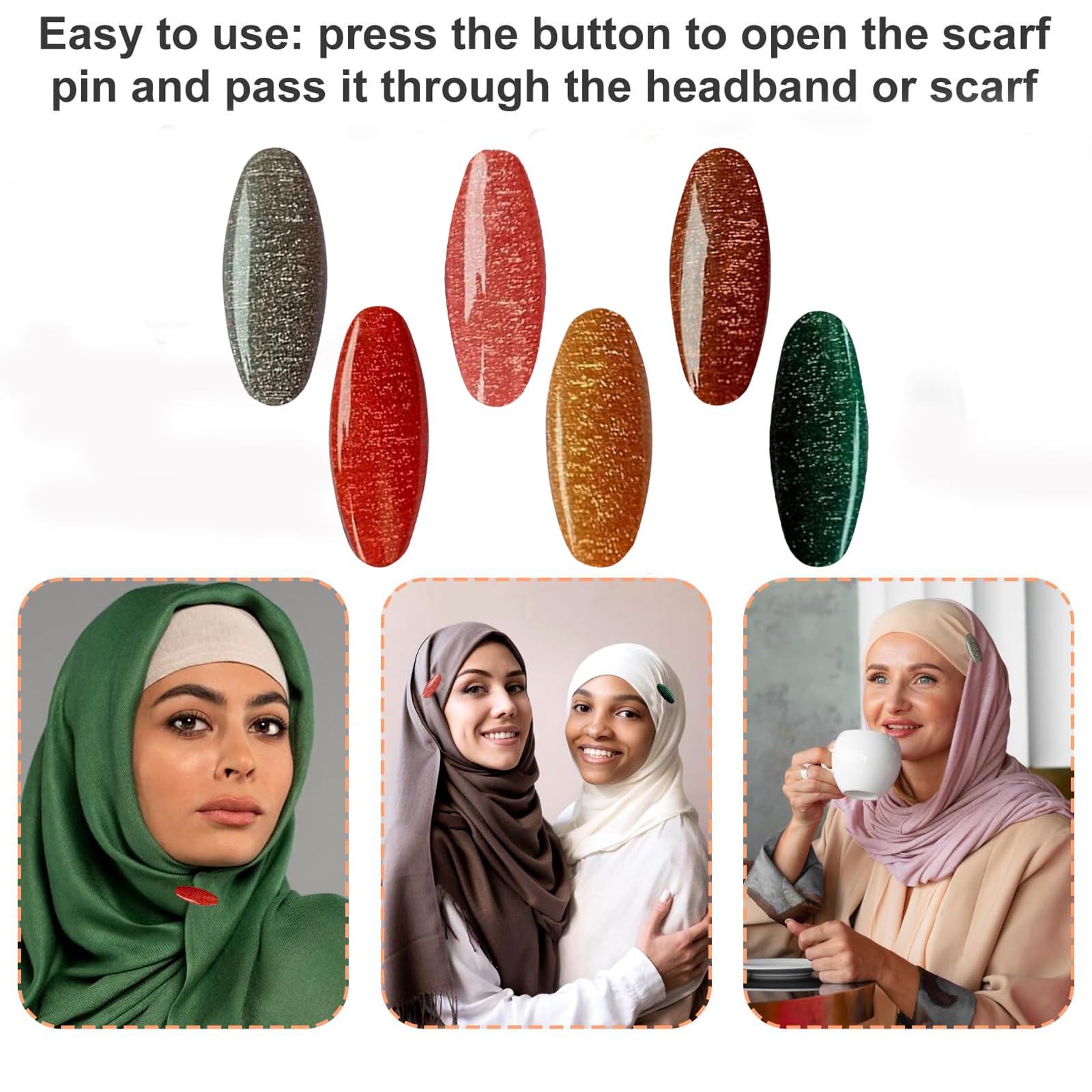 THANU'S CRAFT Glitter Plastic Fancy Saree Pins & Hijab Brooches - 6 Piece Safety Pin Set for Women | Perfect for Sarees, Hijabs, Dresses & Formal Attire