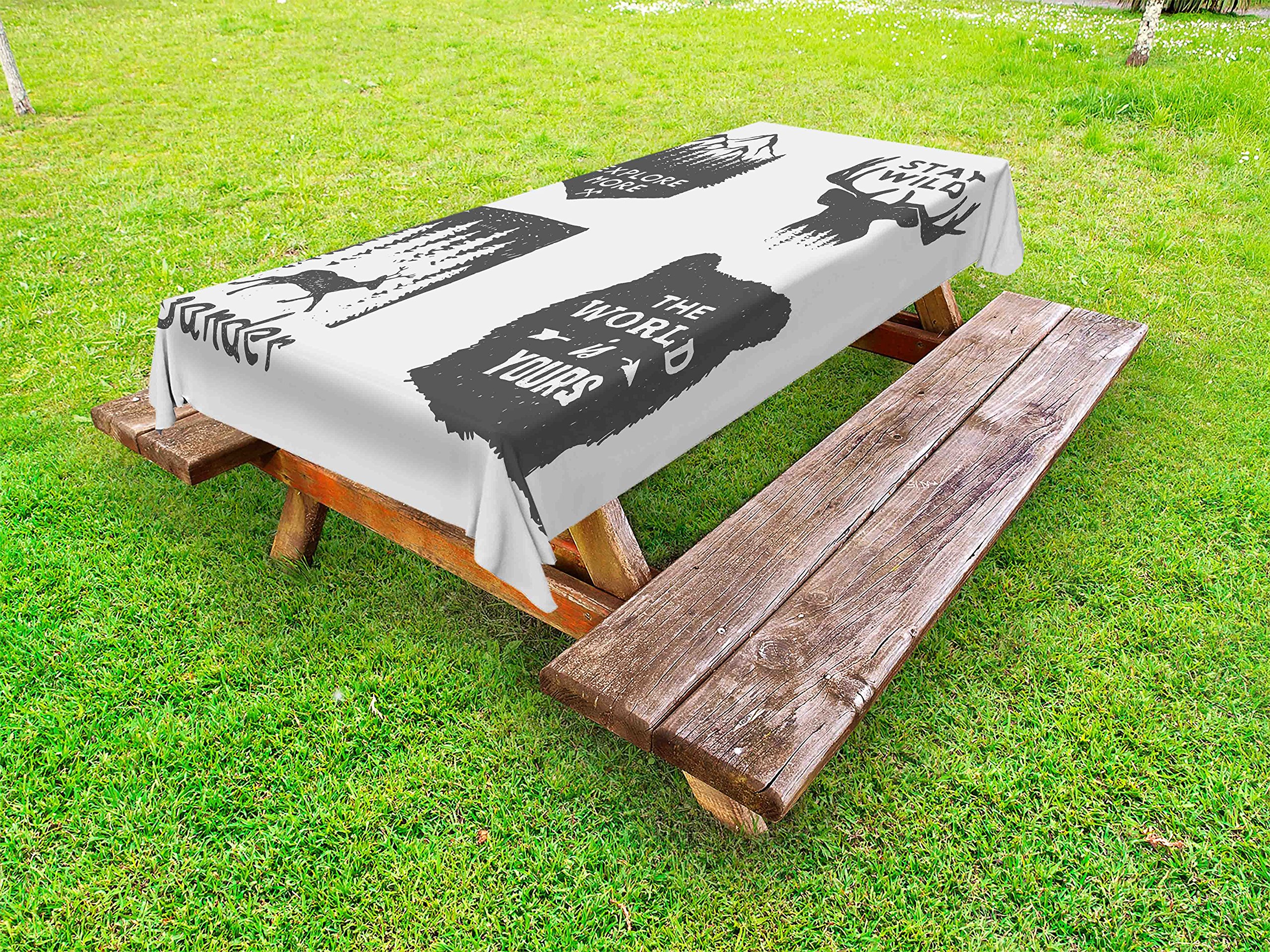 Ambesonne Wilderness Emblems Stay Wild Tablecloth - Washable Outdoor Picnic Table Cover with Pine Wildlife Animals Design, 58