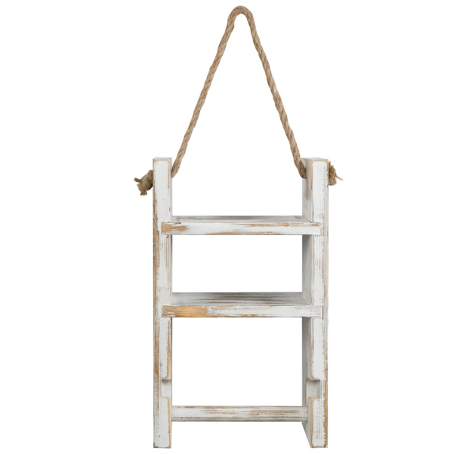 MyGift 2-Tier Hanging Whitewashed Wood Ladder Shelf - Rustic Rope Toilet Paper Holder - Bathroom & Farmhouse Decor for Storage & Organization - Perfect for Small Spaces, Vanity, and Towel Display