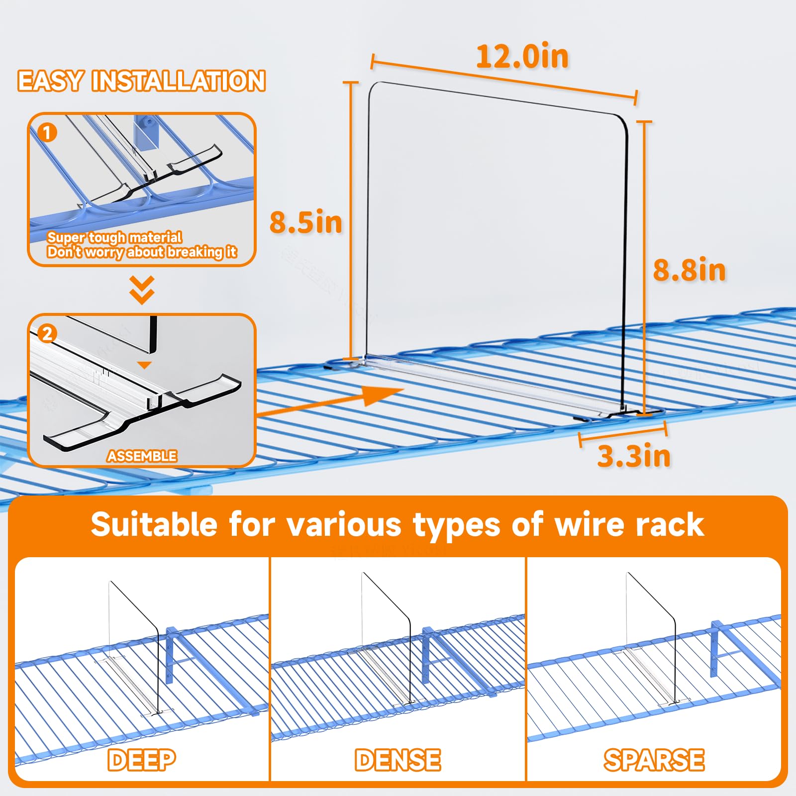 8-Pack Clear Acrylic Shelf Dividers for Wire Shelves - No Tools Needed Closet Organizer for Bedroom, Kitchen, Office & Pantry - 8.5