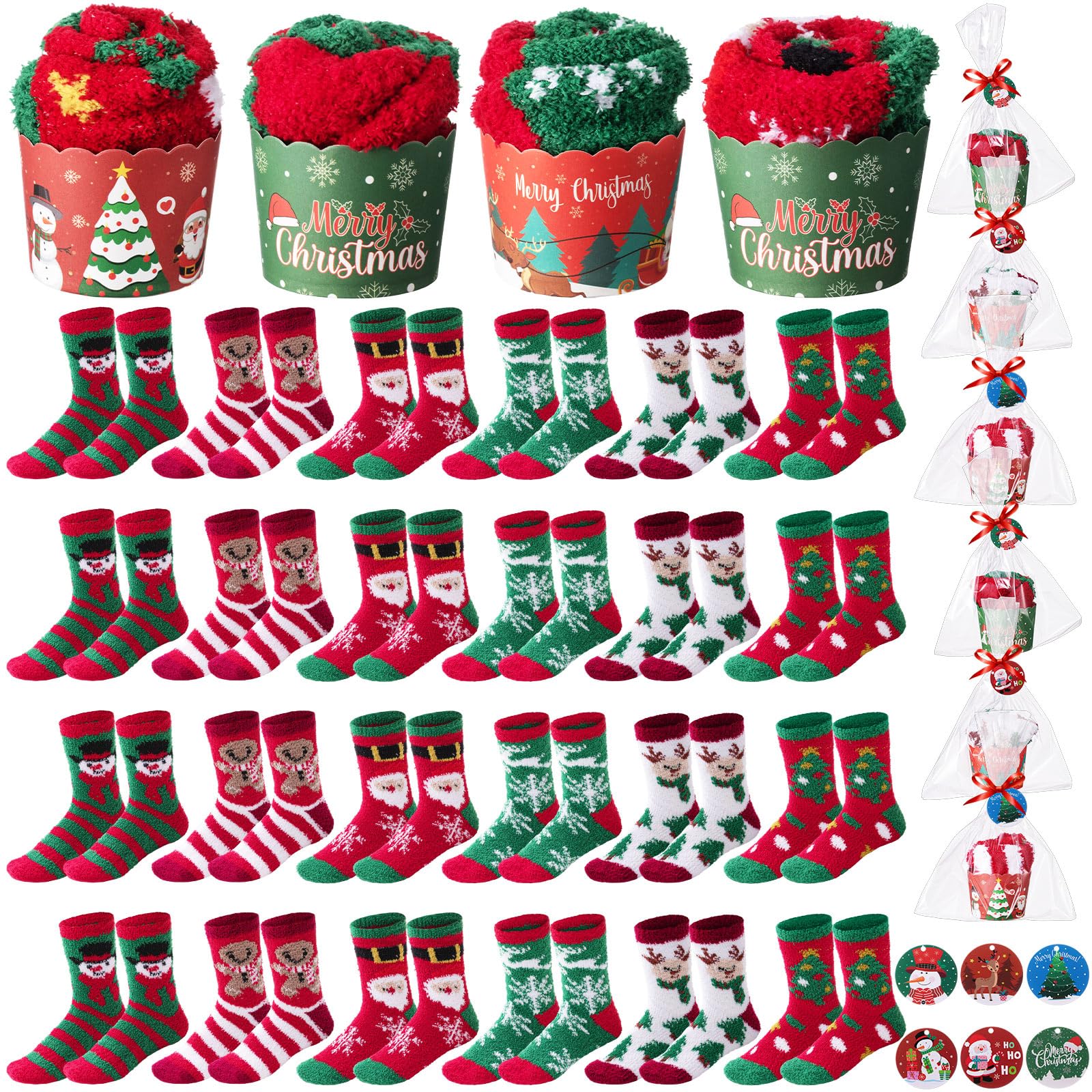 24 Pairs Christmas Cupcake Fuzzy Socks for Women - Bulk Holiday Gift Set for Xmas, Valentine's Day, Teachers & Colleagues - Cozy Winter Socks for Gifting, DIY Crafts & Christmas Celebrations