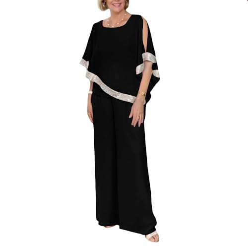 Lady Black Chiffon Wedding Guest Pantsuit
