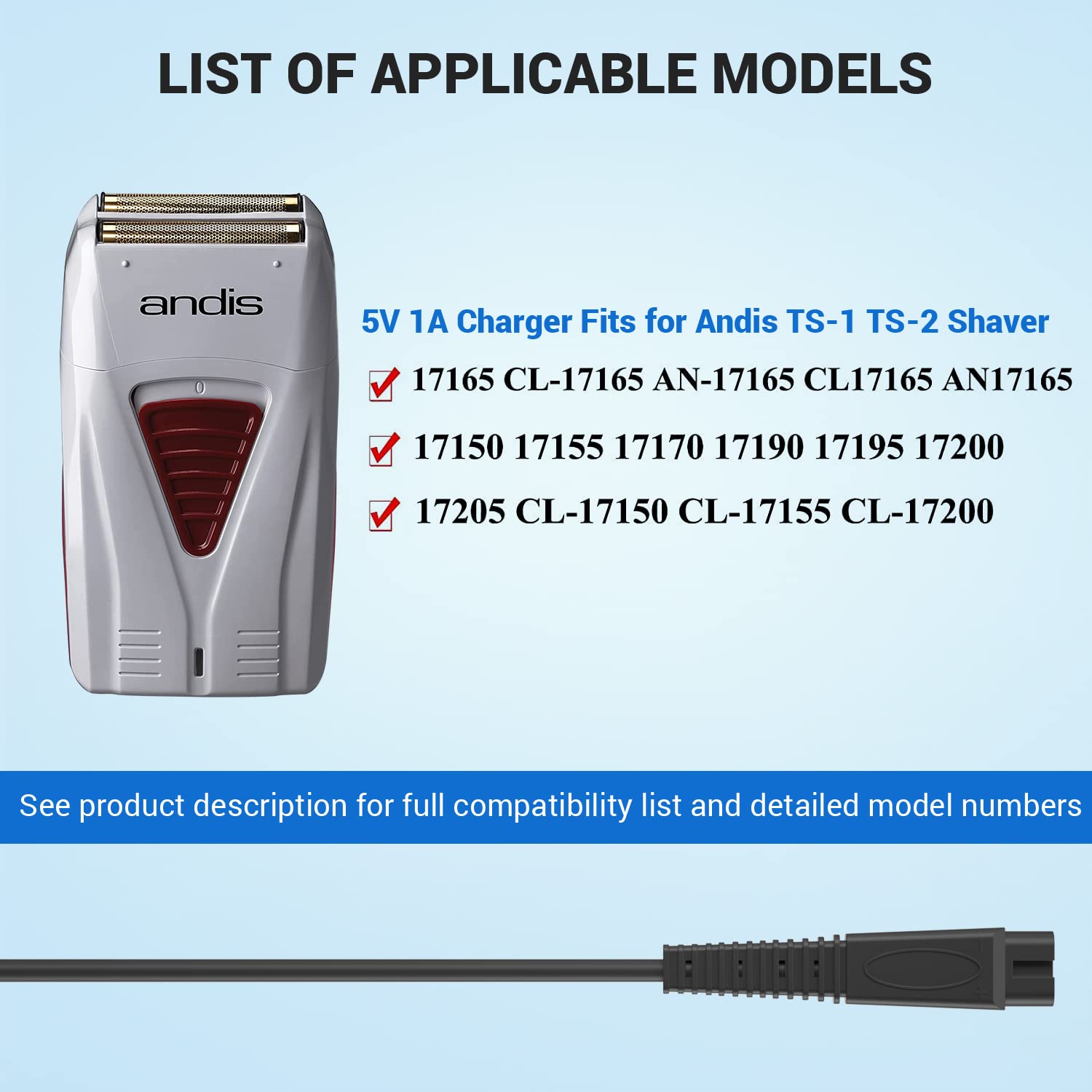 5V AC Replacement Charger for Andis Shaver - Compatible with 17150, 17165, TS-1 & TS-2 Foil Shavers - Perfect for Home, Travel & Salon Use