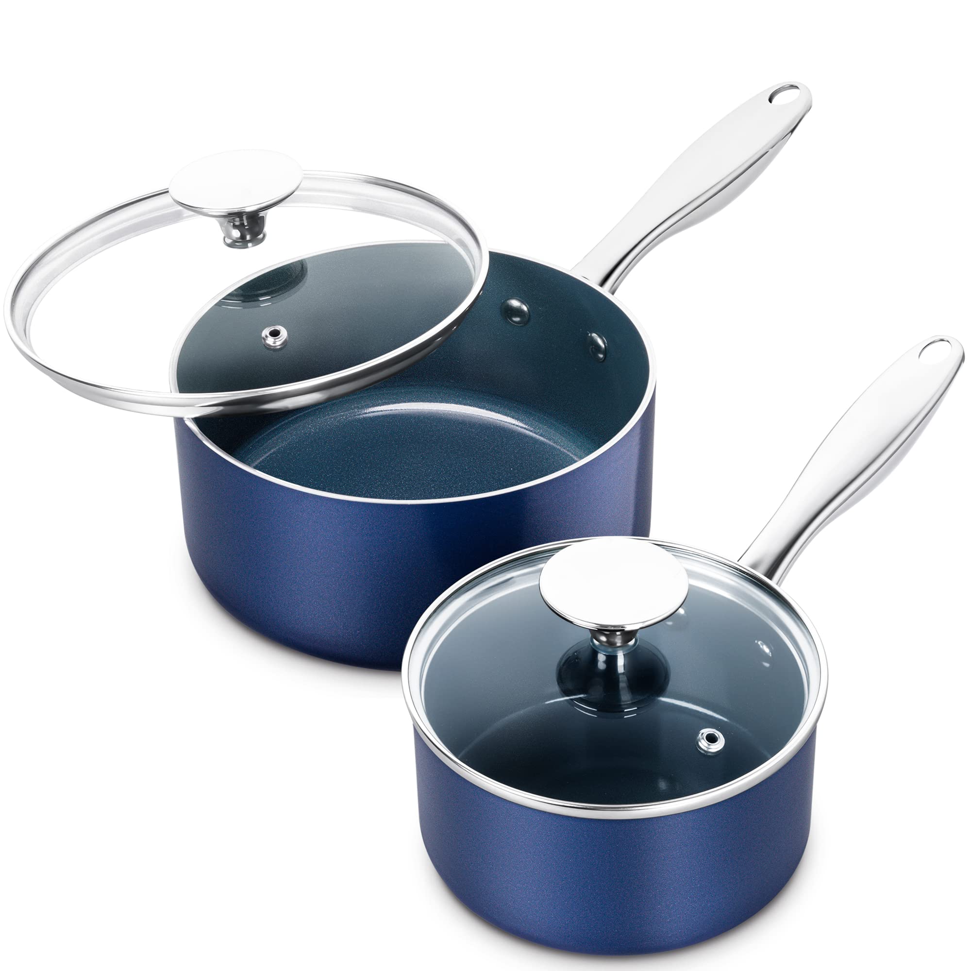 MICHELANGELO 1Qt & 2Qt Ceramic Nonstick Saucepan Set with Lids - Stainless Steel Handle, Oven Safe Cookware (Blue) - Perfect for Boiling, Simmering & Sauce Making in Home Kitchens