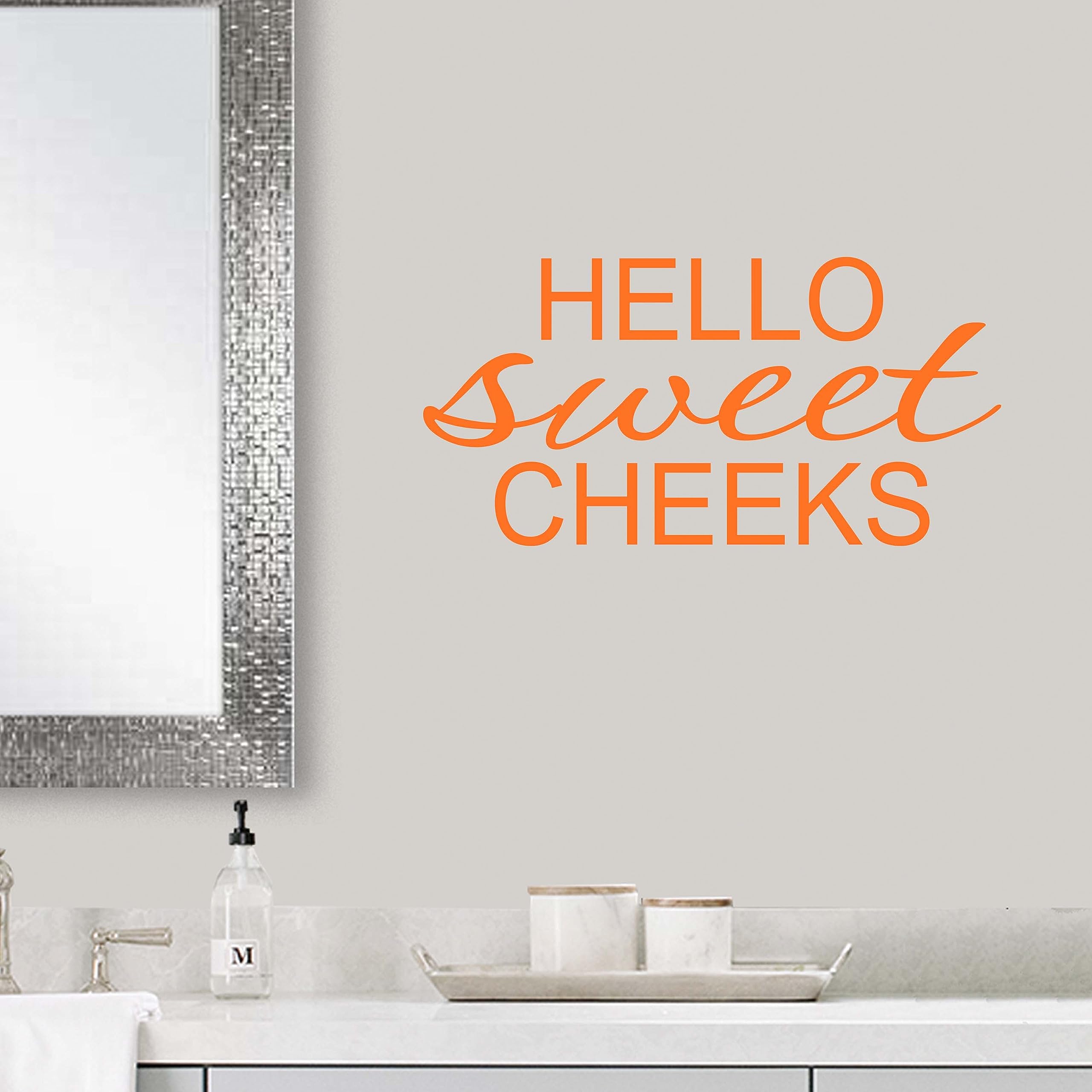 Hello Sweet Cheeks Wall Decal Stickers - Funny Bathroom Decor Vinyl Stickers for Home & Office | Orange Peel & Stick Wall Art | Perfect for Bathroom, Nursery, or Kids Room Decor