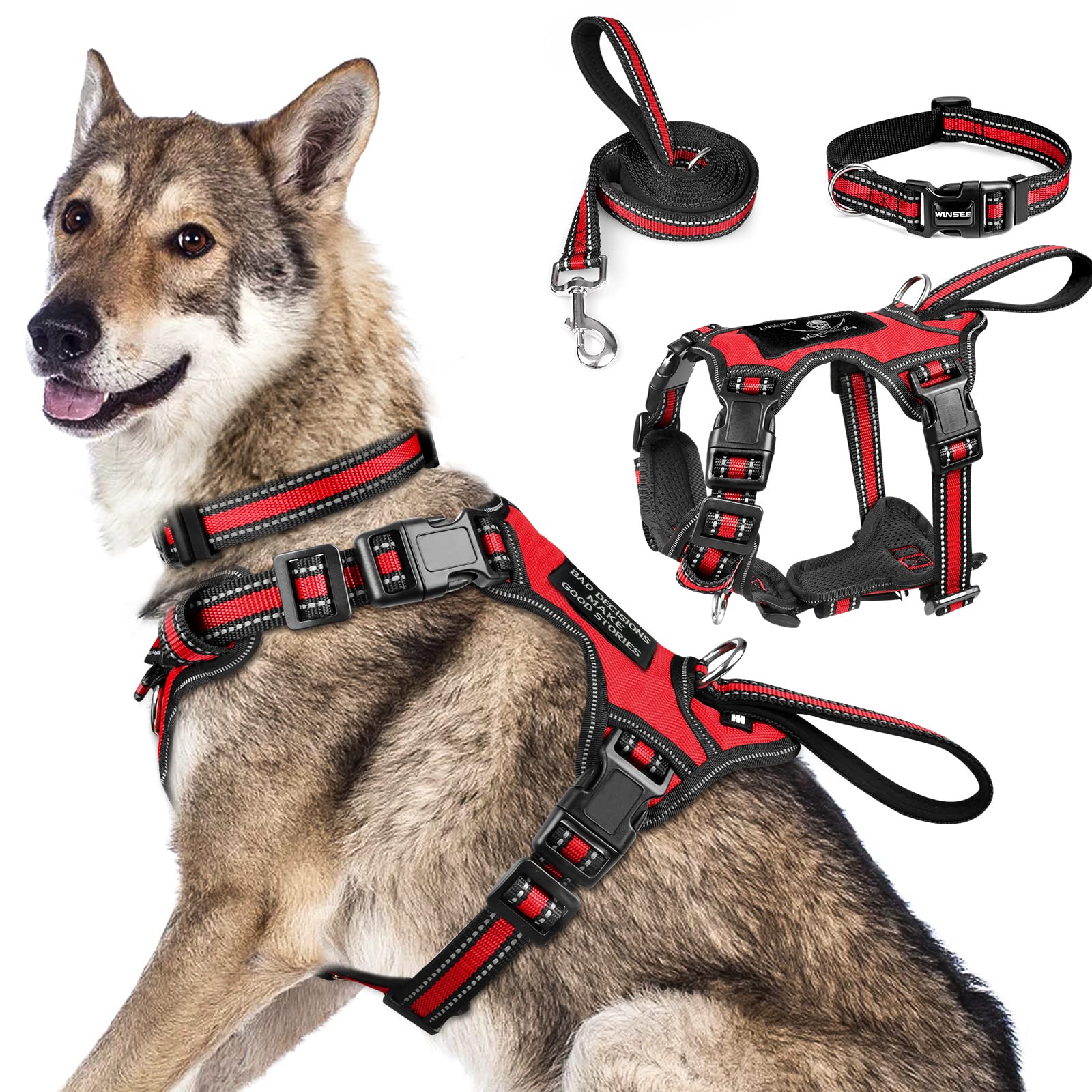 WINSEE Reflective No-Pull Dog Harness Collar and Leash Set - Adjustable Pet Vest for Small, Medium, Large & X-Large Dogs - Perfect for Walking, Running, Training & Outdoor Adventures (Red)