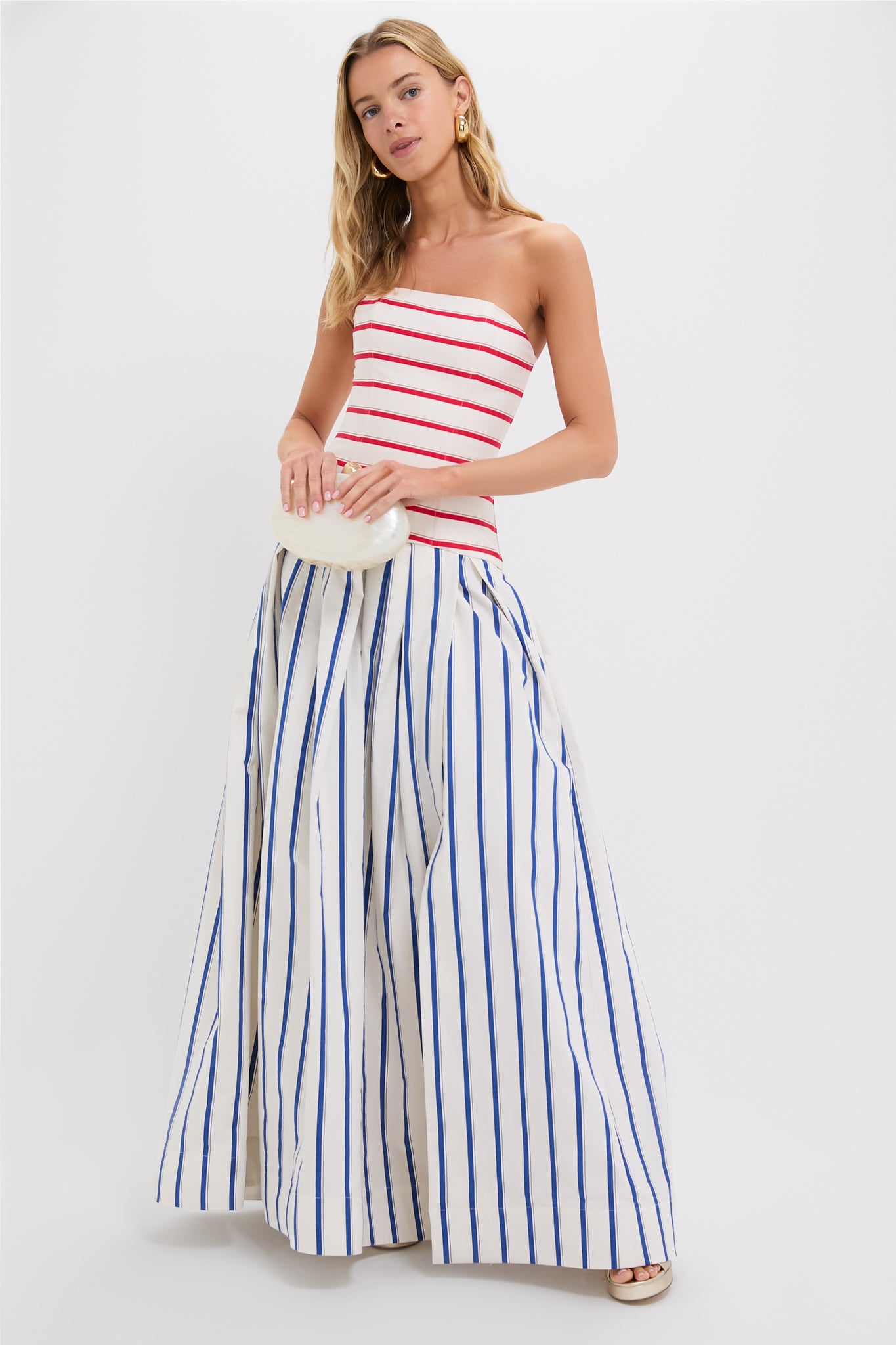 Elegant Blue Stripe Strapless Drop Waist Evening Gown for Prom, Wedding & Formal Events | Flattering A-Line Silhouette