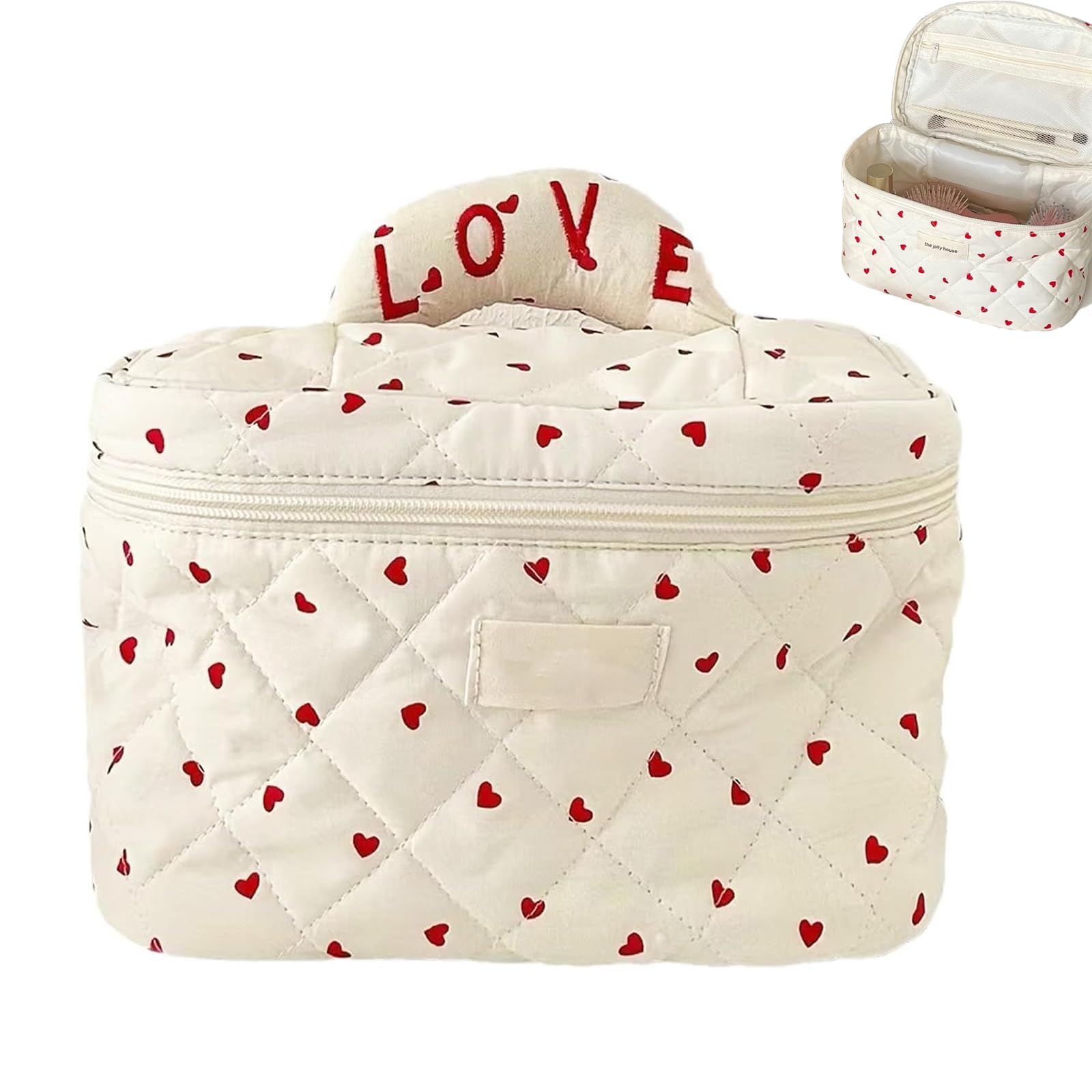 Quilted Makeup Bag for Women - Large Heart Pattern Cosmetic Organizer, Soft Cotton Travel Toiletry Bag with High Capacity (Red) | Perfect for Travel, Gym, and Daily Beauty Essentials Storage