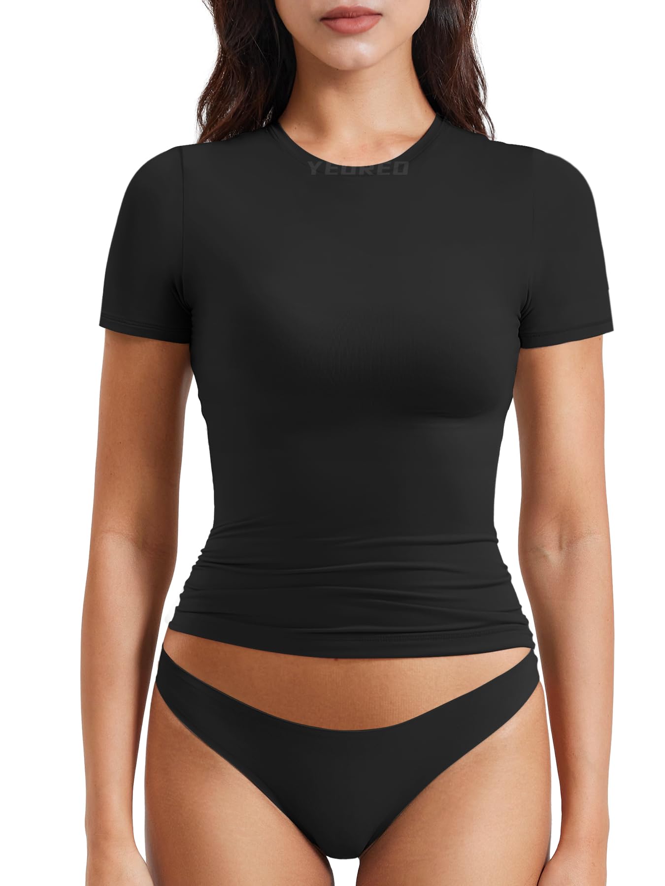 YEOREO Women's Workout Tops - Short Sleeve Double Lined Compression Crop Top for Yoga, Gym & Running | Y2K Fashion Crew Neck Fitted Shirt for Women