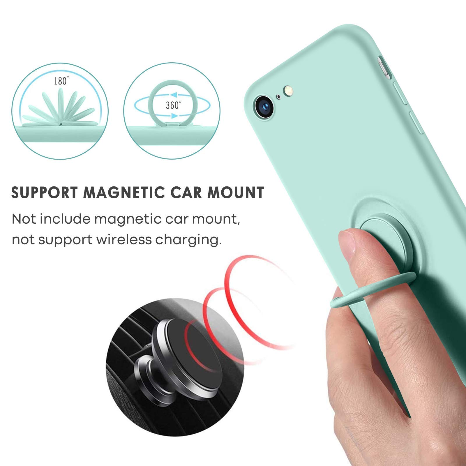 Premium Slim Silicone Shockproof Case for iPhone SE 2022/2020/8/7 - Soft Rubber Hybrid Protection with 360° Ring Kickstand - Mint Green Phone Cover for Women & Girls - Perfect for Daily Use, Travel & Outdoor Activities