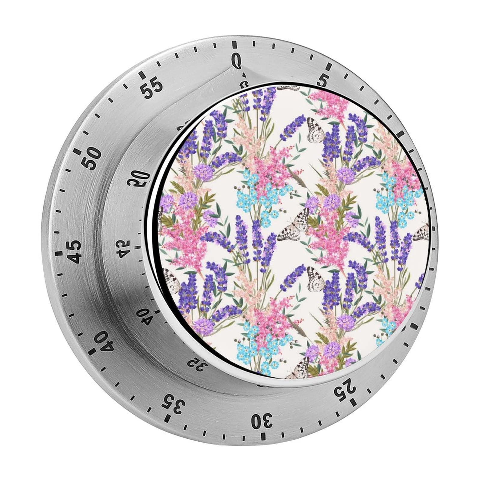 Vintage Stainless Steel 60-Minute Non-Slip Mechanical Kitchen Timer - Loud Alarm Countdown Clock for Cooking, Baking, Homework & Exercise | Perfect for Lavender Floral Plants & Herbs Decor