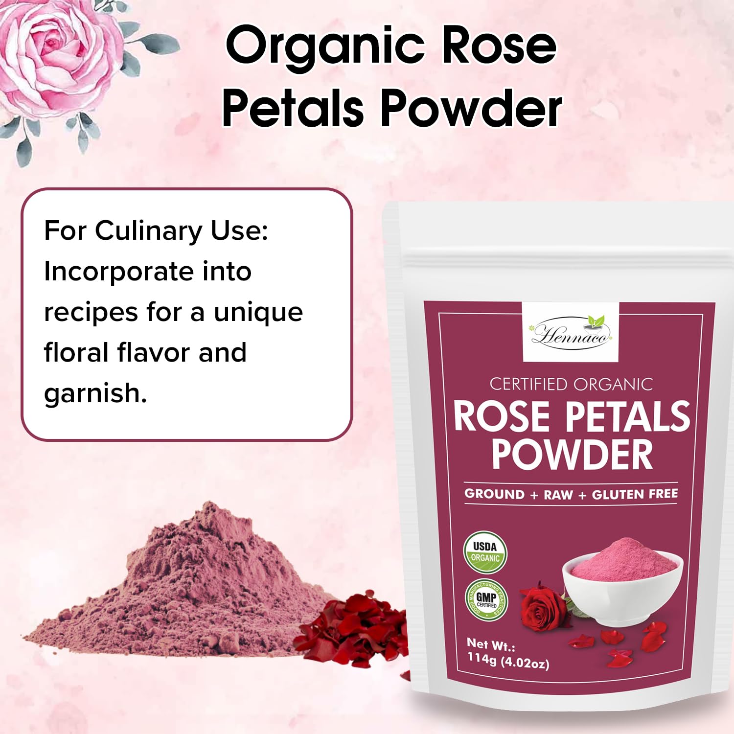 Organic Rose Petals Powder - 114g (4oz) All-Natural Skin Toner & Hair Mask | Chemical-Free, Preservative-Free | For Dry, Oily & Sensitive Skin | DIY Face Masks, Bath Soaks & Aromatherapy