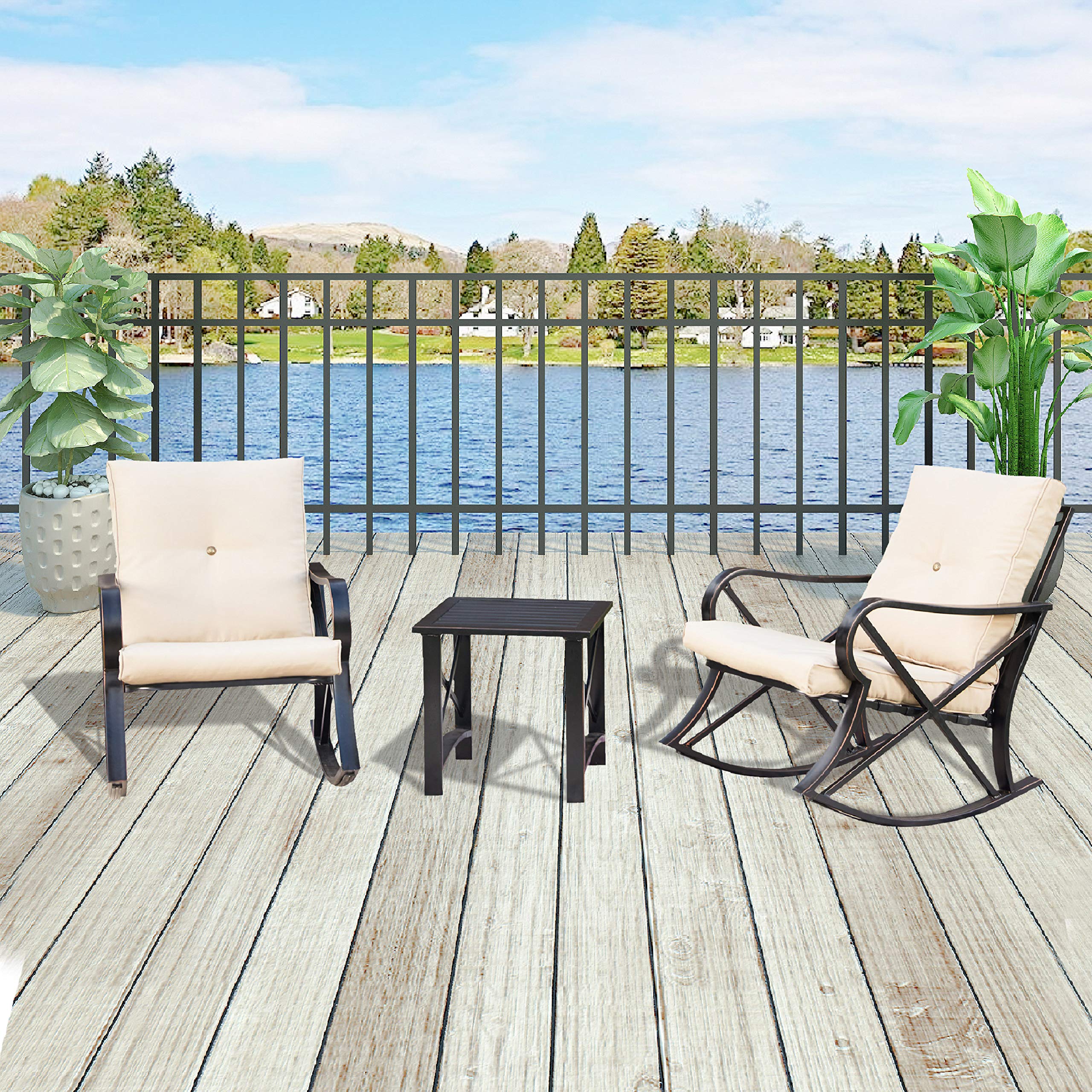 Modern Outdoor Bistro Set with Rocking Chairs & Coffee Table - 3-Piece Metal Patio Furniture Conversation Set with Thick Cushions for Backyard, Lawn, Porch, Poolside - Perfect for Relaxing, Entertaining & Enjoying Summer Days (Khaki)