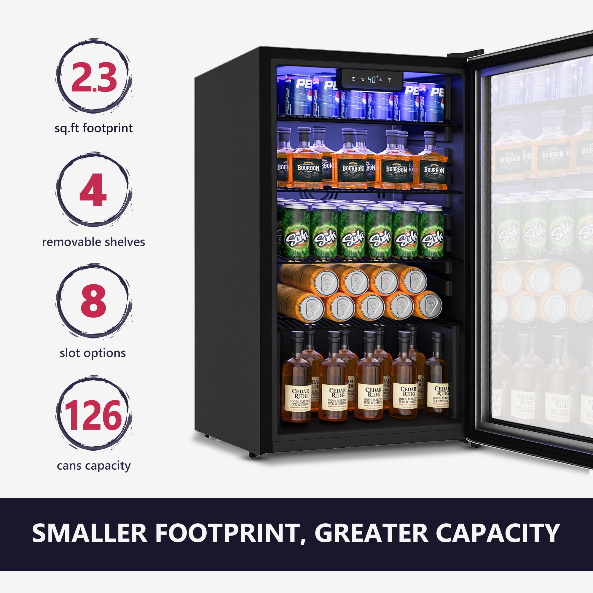 126 Can Mini Beverage Refrigerator Cooler with Glass Door for Soda, Beer, Wine - Adjustable Removable Shelves, Silver - Perfect for Home, Office, Bar, and Kitchen Use