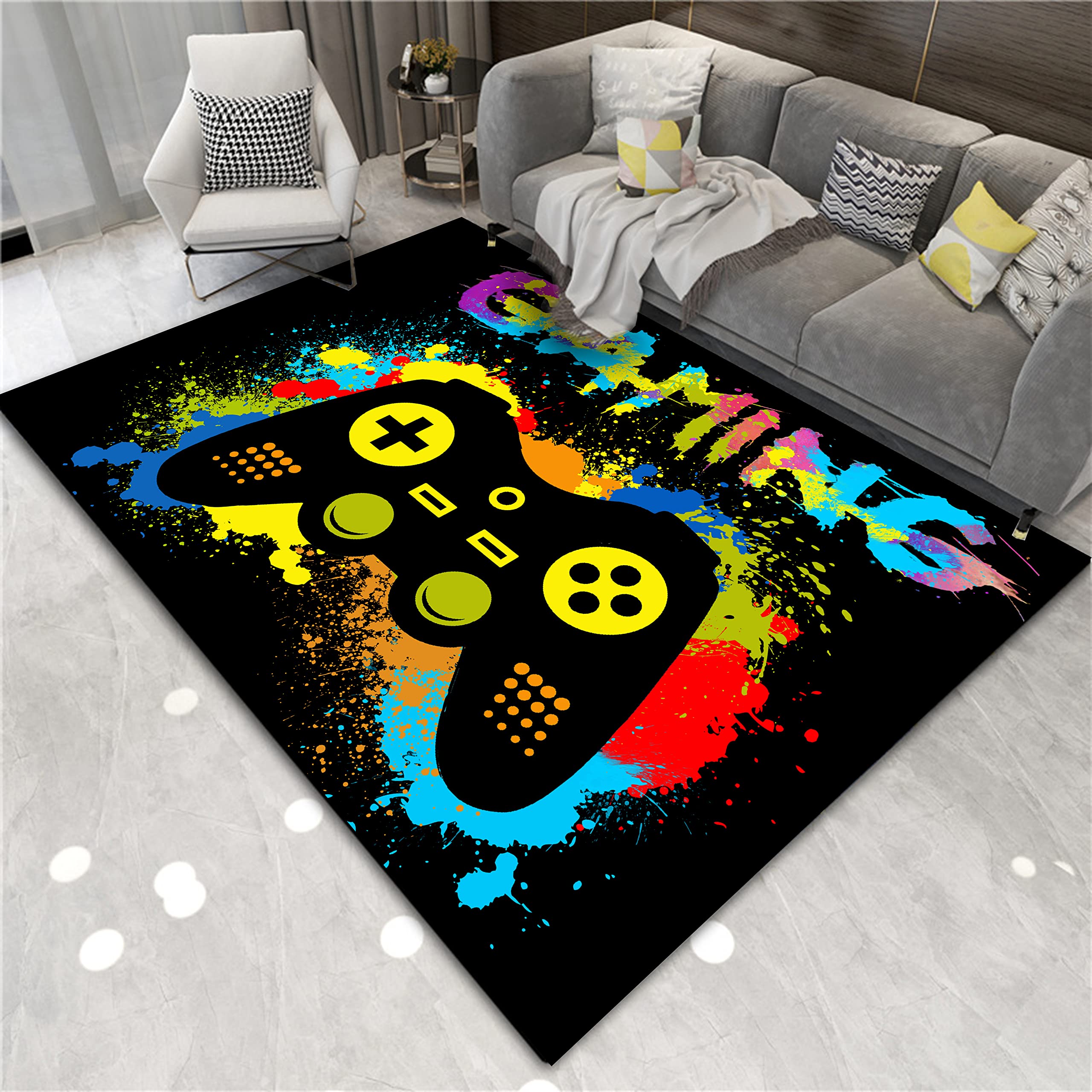 Wireless Gaming Controller & Non-Slip Modern Gamer Rug - 84x60 Inch Ergonomic Gamepad with Premium Carpet for Boys Room, Living Room & Bedroom Decor - Perfect for Esports, Console Gaming & Home Theater Setup