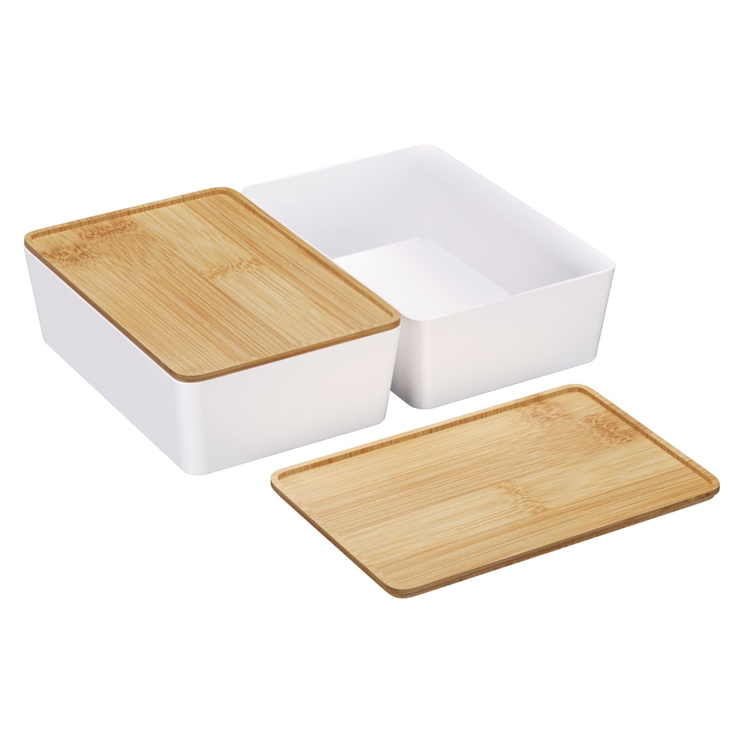 CHANCETSUI 2-Pack Stackable Storage Bins with Bamboo Lids - 7x10 Inch White Office Desk Organizers, Home & Office Storage Containers for Paper Clips, Pens, Documents | Perfect for Desk Organization & Closet Storage