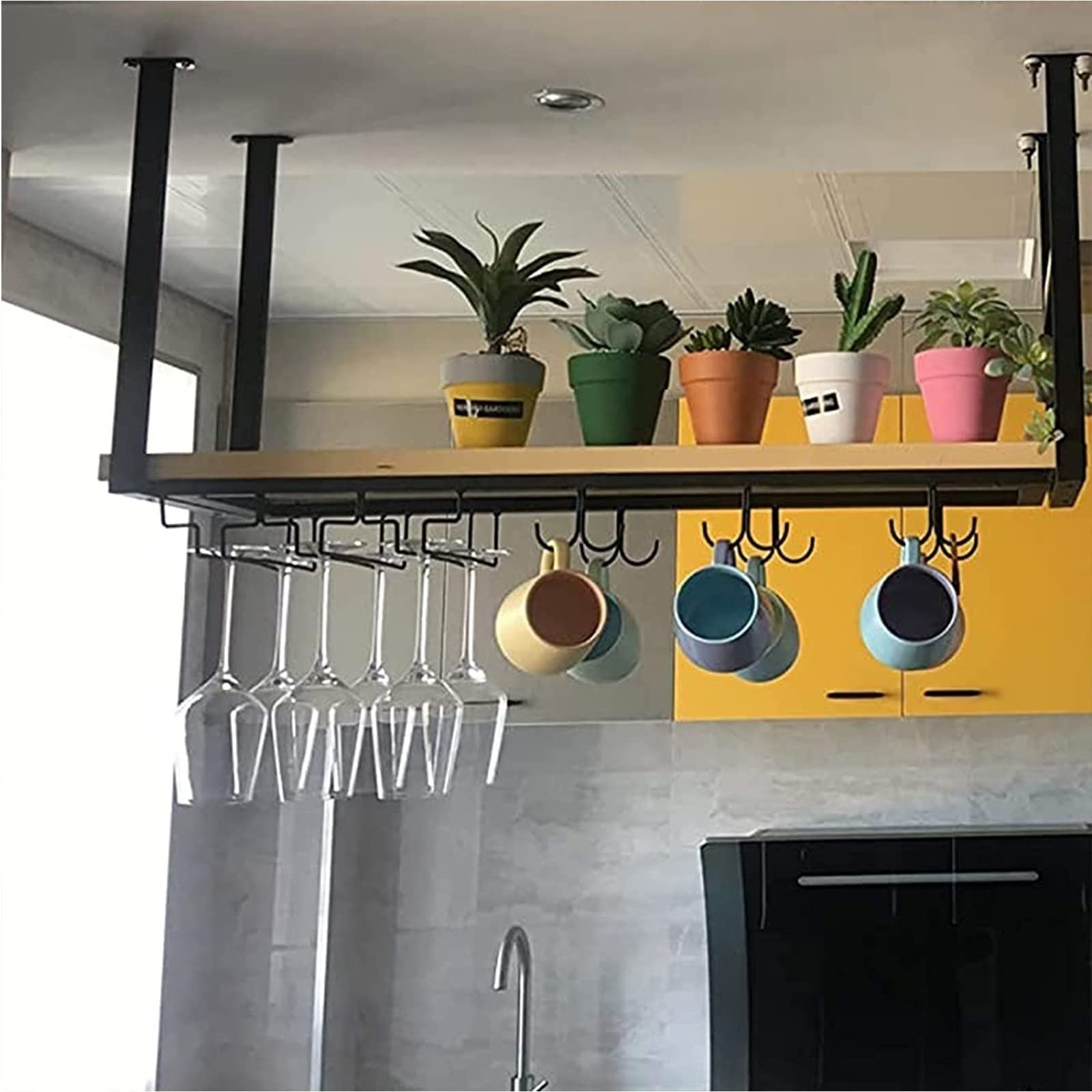 JHGJBJ Ceiling-Hung Wine Glass Rack - European Style Wrought Iron Kitchen Storage Shelf for Wine Glasses, Plants & Decor | Perfect for Kitchen, Bar, Loft & Dining Room Organization