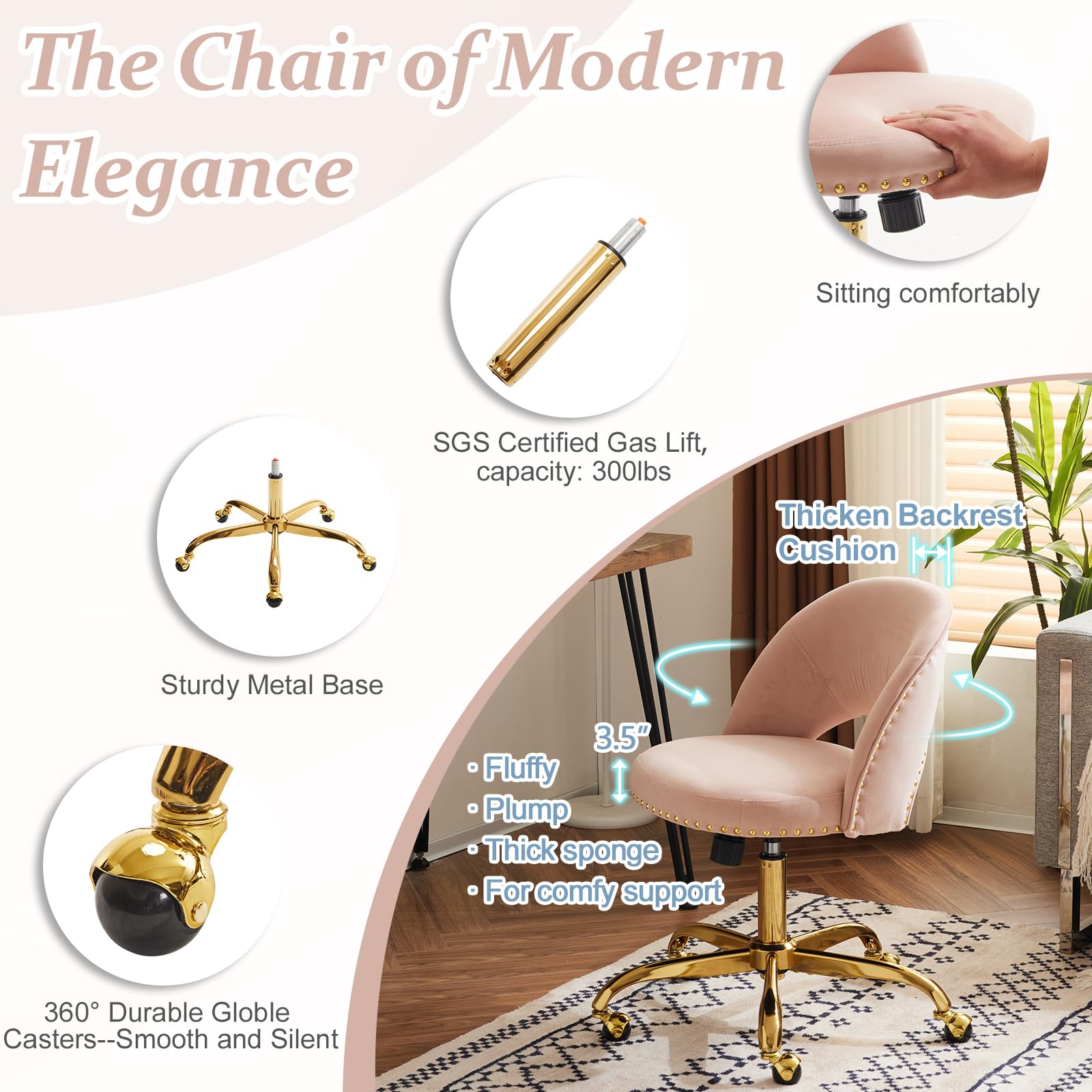 VINGLI Modern Velvet Small Office Chair with Wheels - Gold Base & Studs, Comfortable Armless Swivel Task Chair for Women, Girls & Kids - Perfect for Study, Dorm, Bedroom & Small Spaces (Pink) | Ideal for Home Office, Vanity Desk & Nail Technician Workstation