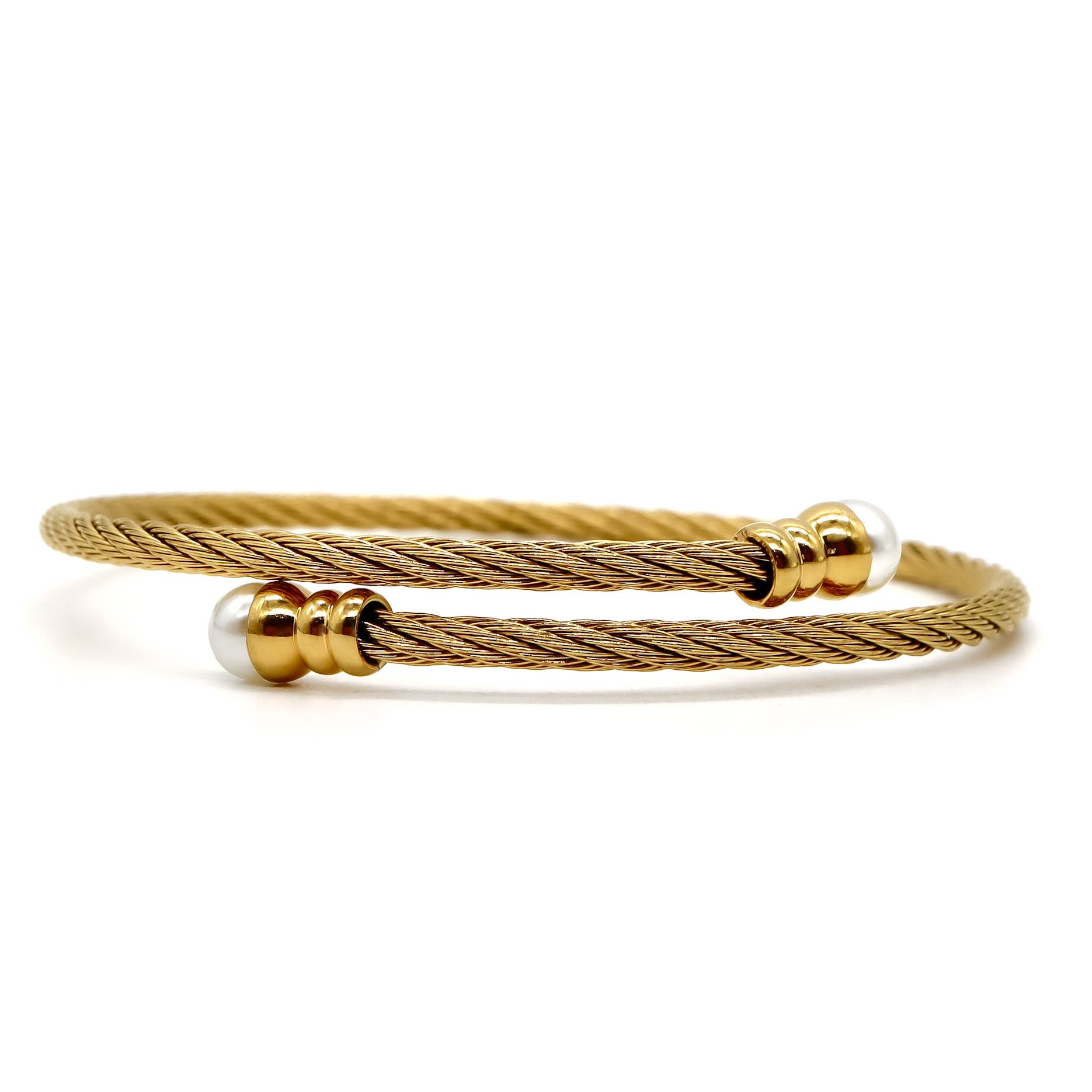 ROMALI 18K Gold Plated Twisted Cable Bracelet with Pearl Accents - Elegant Two-Tone Jewelry for Women, Perfect for Parties, Weddings & Everyday Wear