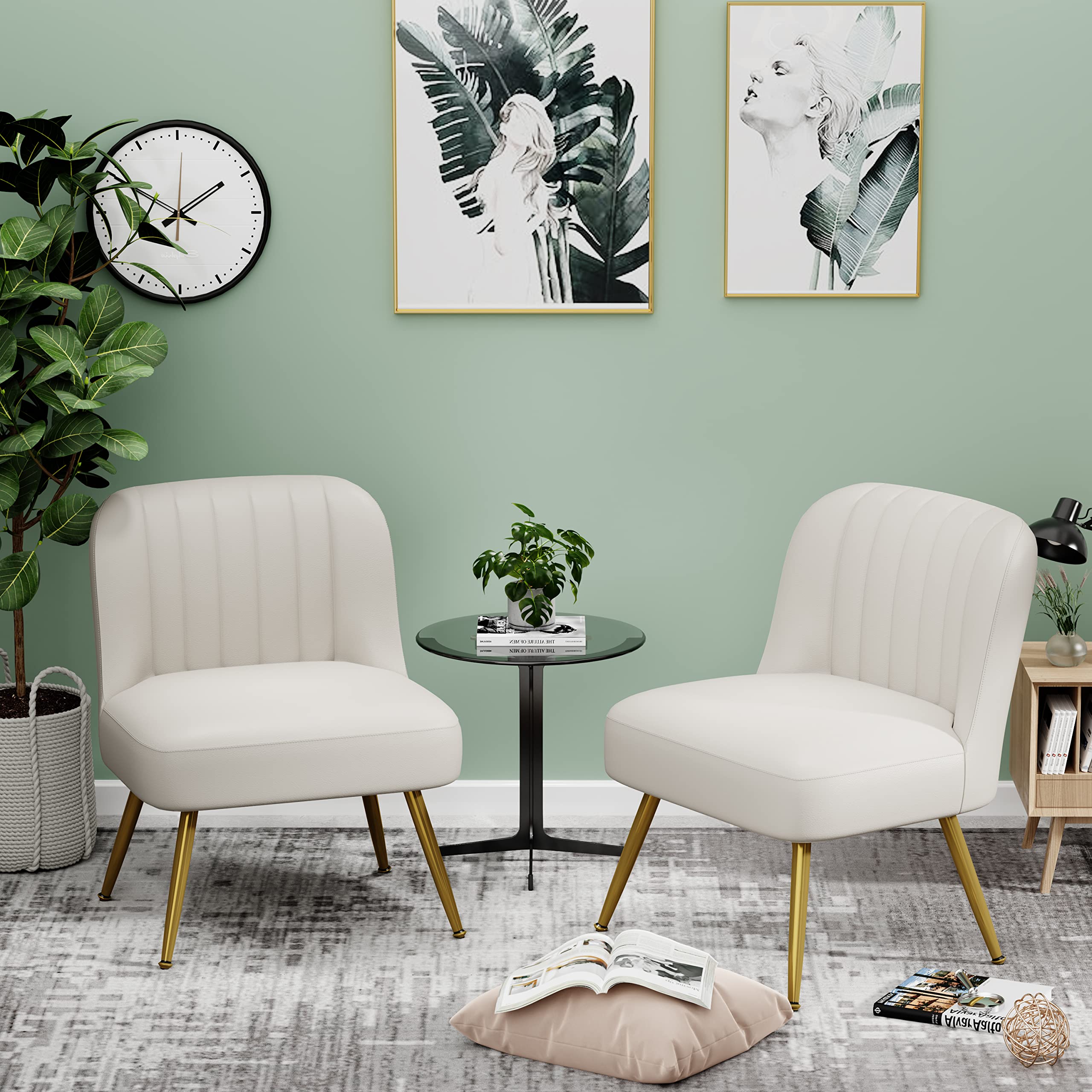 Andeworld 2-Piece Modern Accent Chair Set - Faux Suede Upholstered Armless Living Room Chairs with Golden Legs, Elegant Small Side Club Chairs for Bedroom, Living Room & Office - Beige