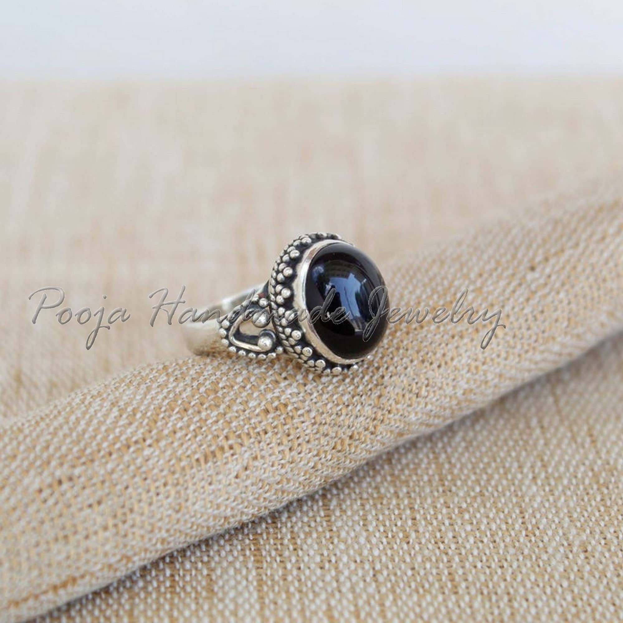Natural Black Onyx Celtic Design Ring - 925 Sterling Silver Dainty Ring for Women | Proposal, Cocktail & Boho Jewelry | Handmade Gemstone Ring for Weddings, Parties & Everyday Wear