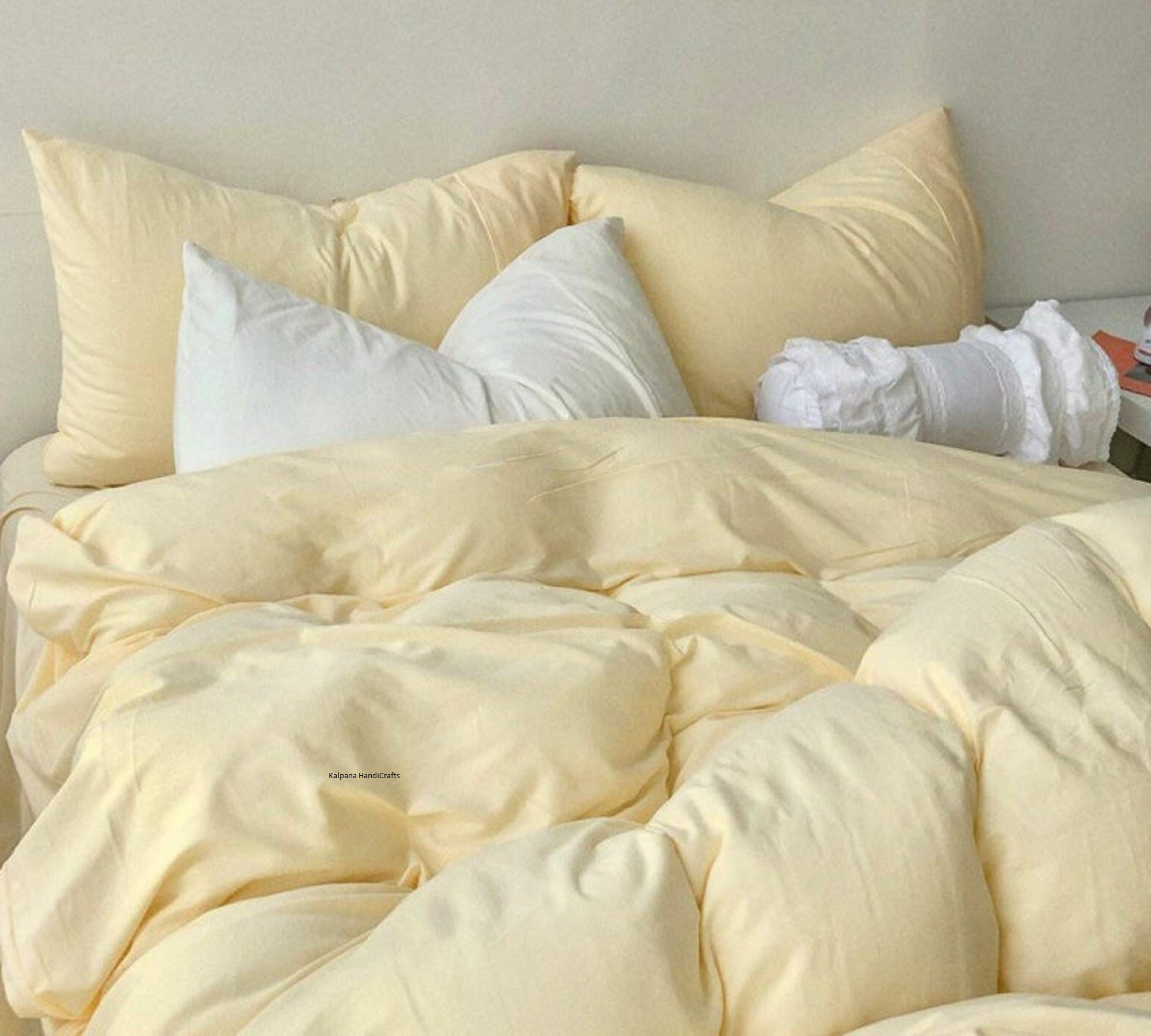 Pastel Yellow Queen Duvet Cover Set - Washed Cotton Reversible Bedding for Cozy Sleep