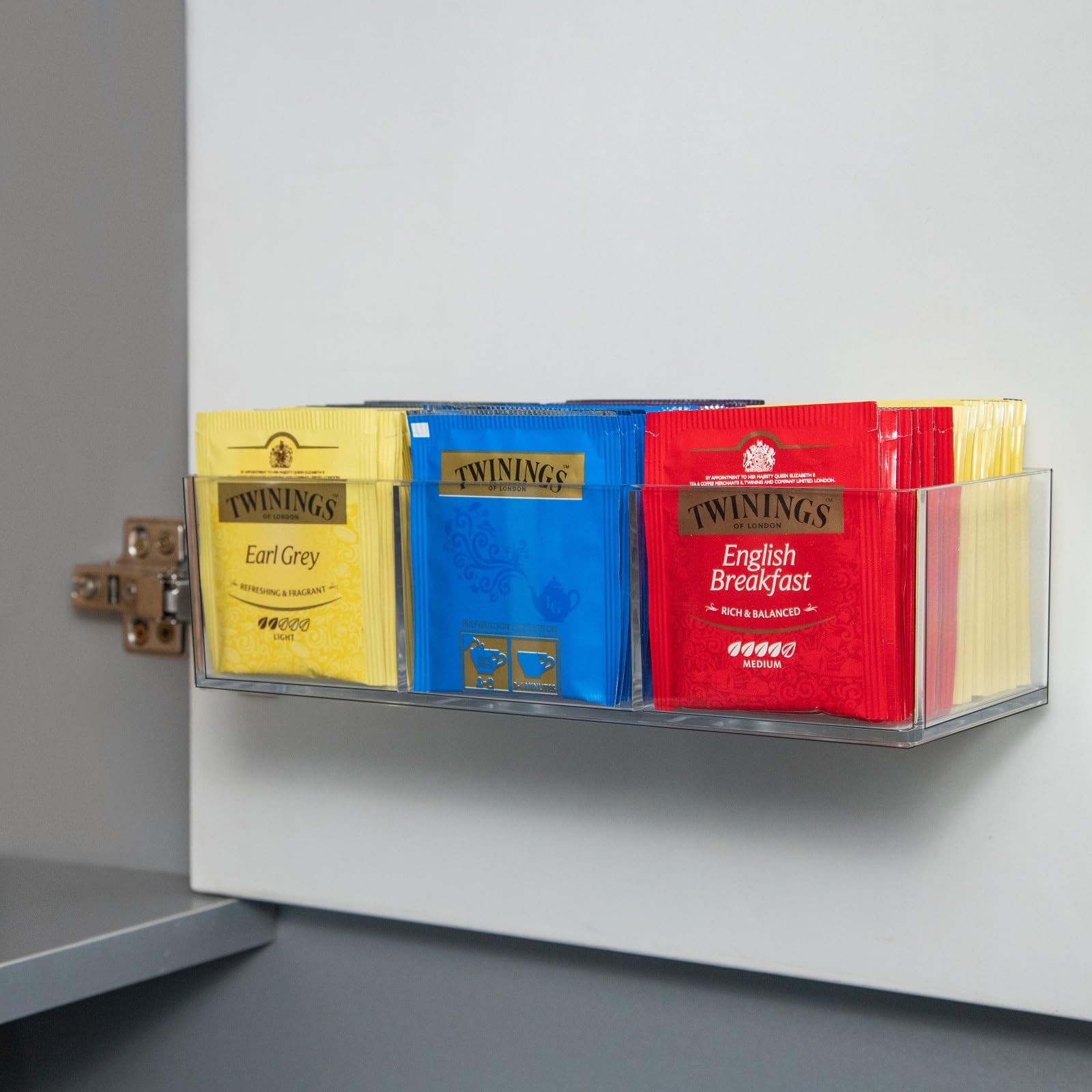 60-Capacity Tea Bag Organizer with 3 Compartments - Wall Mount Tea Storage Box with Strong Adhesive Hooks for Kitchen Pantry & Cabinet Doors (Transparent) - Perfect for Tea Lovers & Organized Kitchens