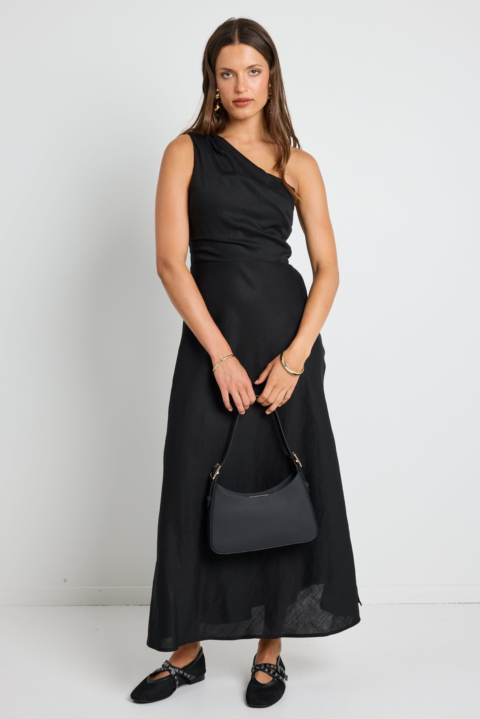 Flirt Black One Shoulder Tuck Midi Dress for Women - Elegant Cocktail Party & Date Night Outfit