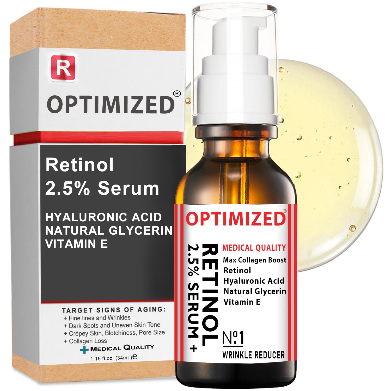 2.5% Retinol Serum with Hyaluronic Acid & Vitamin E - Anti-Aging Face Serum to Reduce Wrinkles, Fine Lines & Dark Spots - Hydrating Formula with Glycerin for Even Skin Tone - 1 fl oz | Perfect for Nighttime Skincare Routine & Daily Anti-Aging Regimen