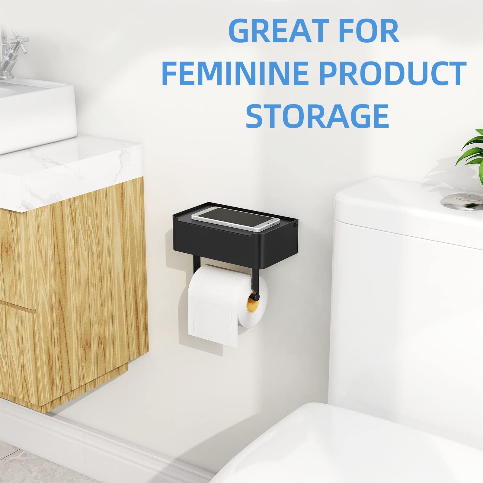 JUYSON Stainless Steel Toilet Paper Holder with Shelf & Flushable Wipes Dispenser - Wall Mount Bathroom Organizer for Wipes Storage | SUS304 Matte Black | Perfect for Modern Bathrooms & Hidden Wipe Organization