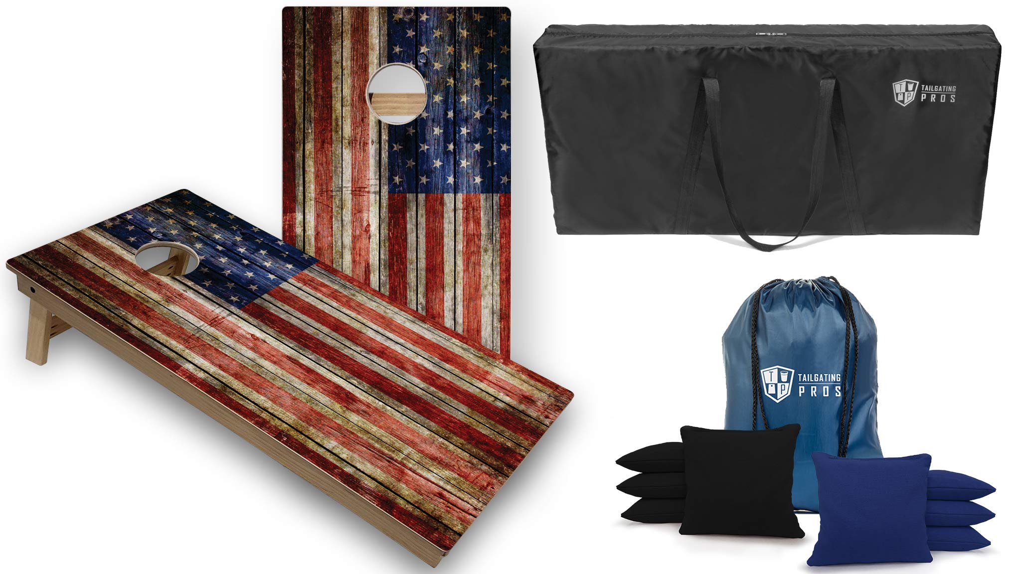 Premium Tournament-Grade Cornhole Game Set - 2 Professional 4'x2' Rustic Flag Regulation Baltic Birch Cornhole Boards with Carrying Case & 8 Bags - Optional LED Lights for Backyard, Tailgating, and Outdoor Parties