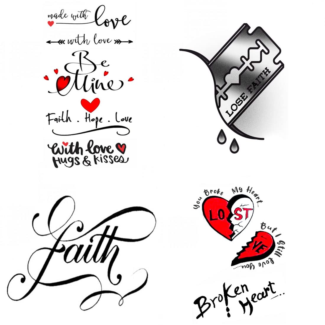 3D Faith Hope Love Temporary Tattoo - Waterproof Fake Tattoos for Men & Women - Broken Heart & Blade Design - Pack of 4 - Perfect for Parties, Halloween, or Self-Expression