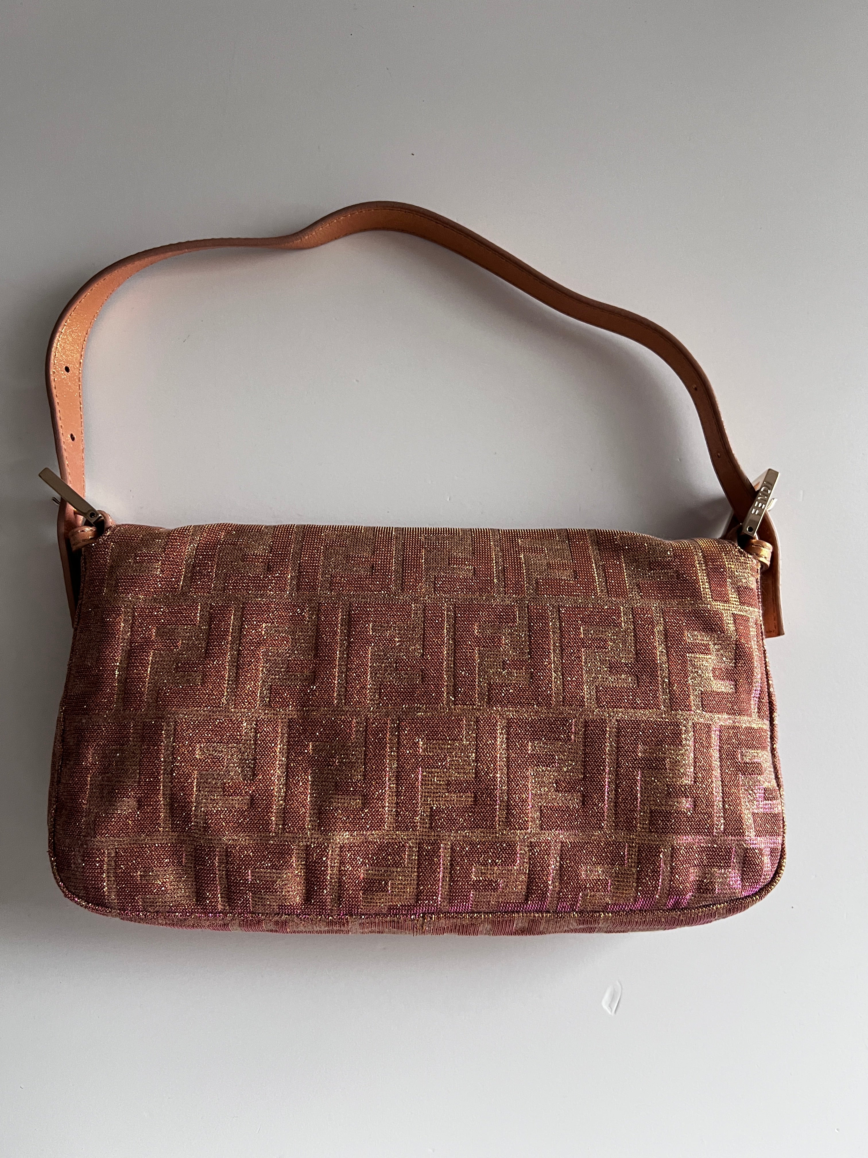 Fendi Peach Glitter Zucca Baguette Bag - Luxury Designer Crossbody Purse for Women | Perfect for Parties, Date Nights & Special Occasions