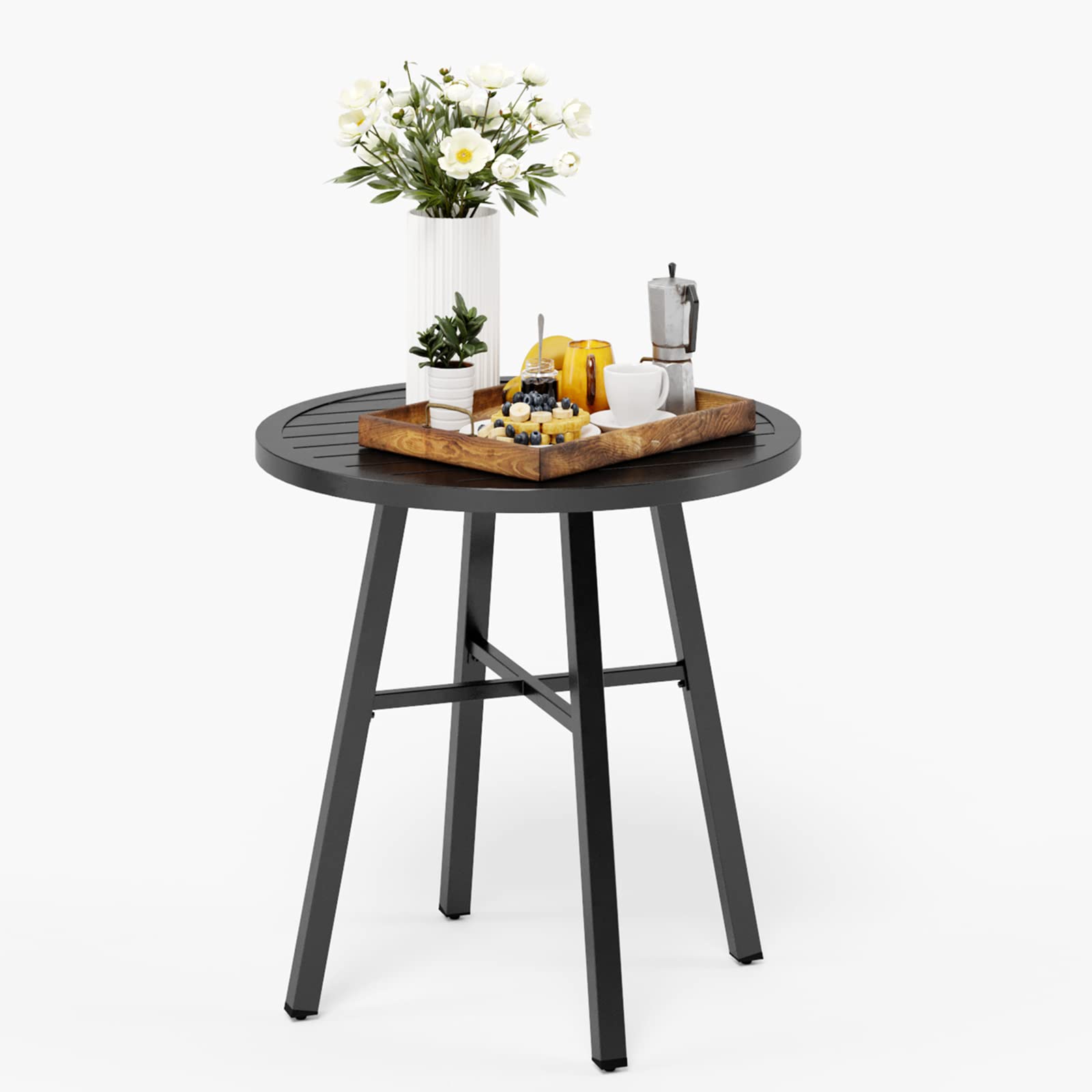 MFSTUDIO Round Metal Outdoor Bistro Table - Adjustable Height Small Patio Dining Table & Side End Table for Garden, Balcony, Deck - Weather-Resistant Black Outdoor Furniture