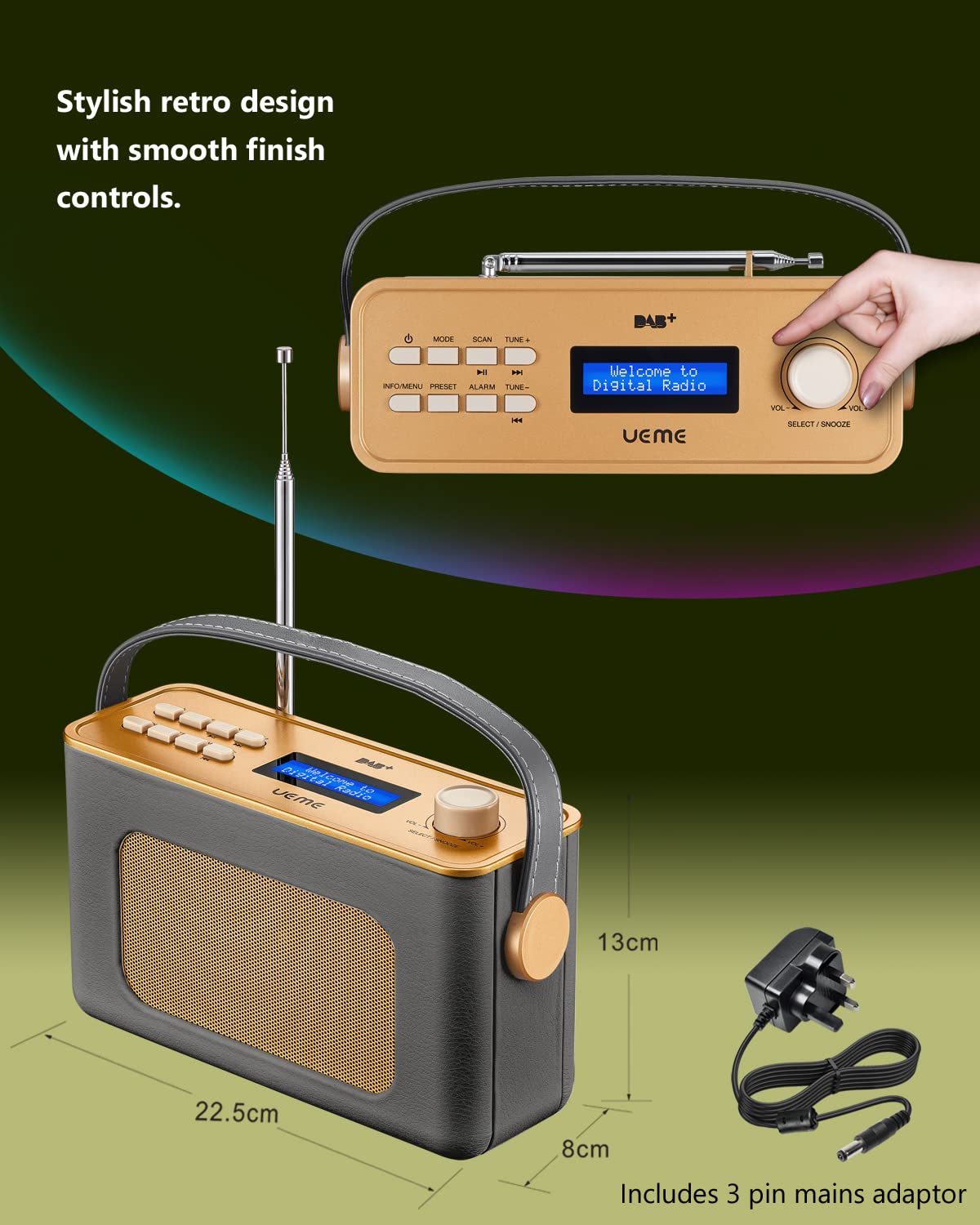 **UEME Retro DAB/DAB+ FM Wireless Portable Radio - Bluetooth, USB Rechargeable Battery, Digital & Analog Tuning (Charcoal Grey) - Perfect for Home, Office, Travel & Outdoor Adventures**
