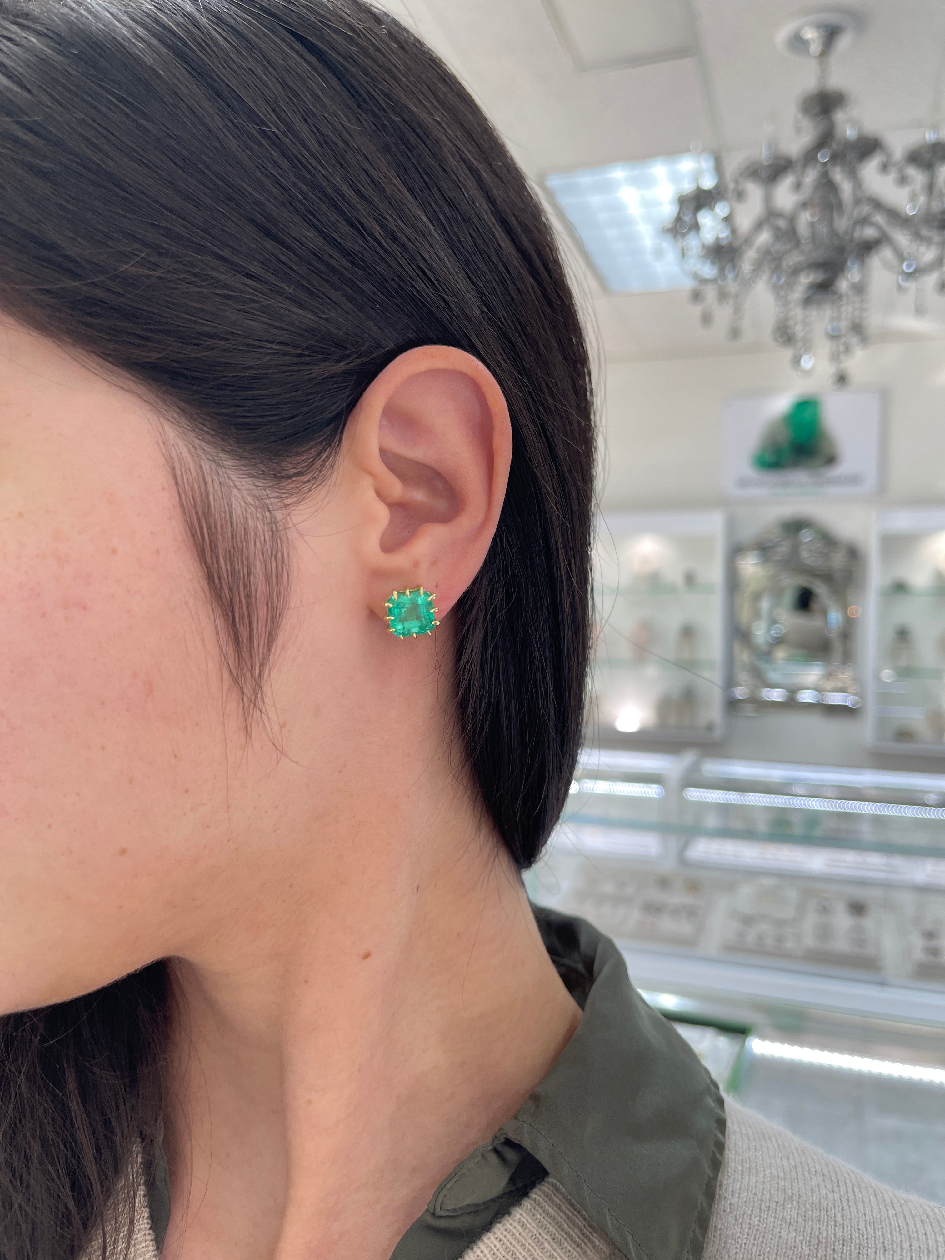 8.56tcw Colombian Emerald Multi Prong 18K Gold Statement Stud Earrings - Perfect for Weddings, Parties & Special Occasions