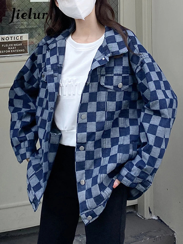Women's Autumn Black Denim Coat - Korean Style Checkerboard Print Casual Loose Fit Retro Blue Jacket | High Street Fashion for Fall Outfits, Date Nights & Streetwear Looks