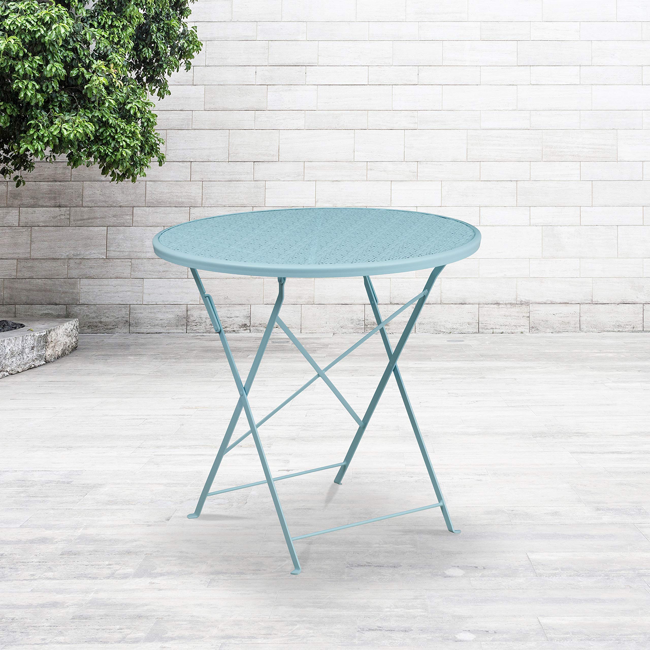 EMMA + OLIVER 30 Inch Round Commercial Grade Folding Patio Table - Indoor Outdoor Use, Sky Blue Steel Frame - Perfect for Backyard, Garden, Poolside & Restaurant Dining