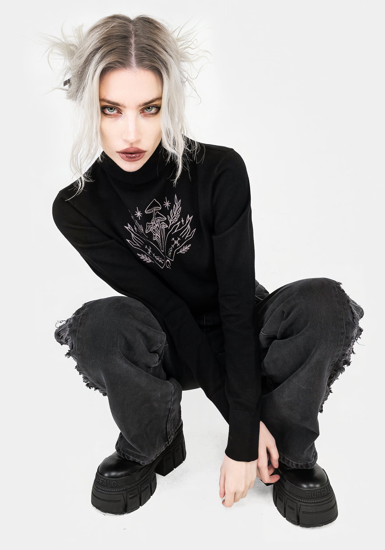 Mystify Embroidered Roll Neck Crop Sweater - Women's Fashion Knit Top for Casual Wear & Date Night Outfits