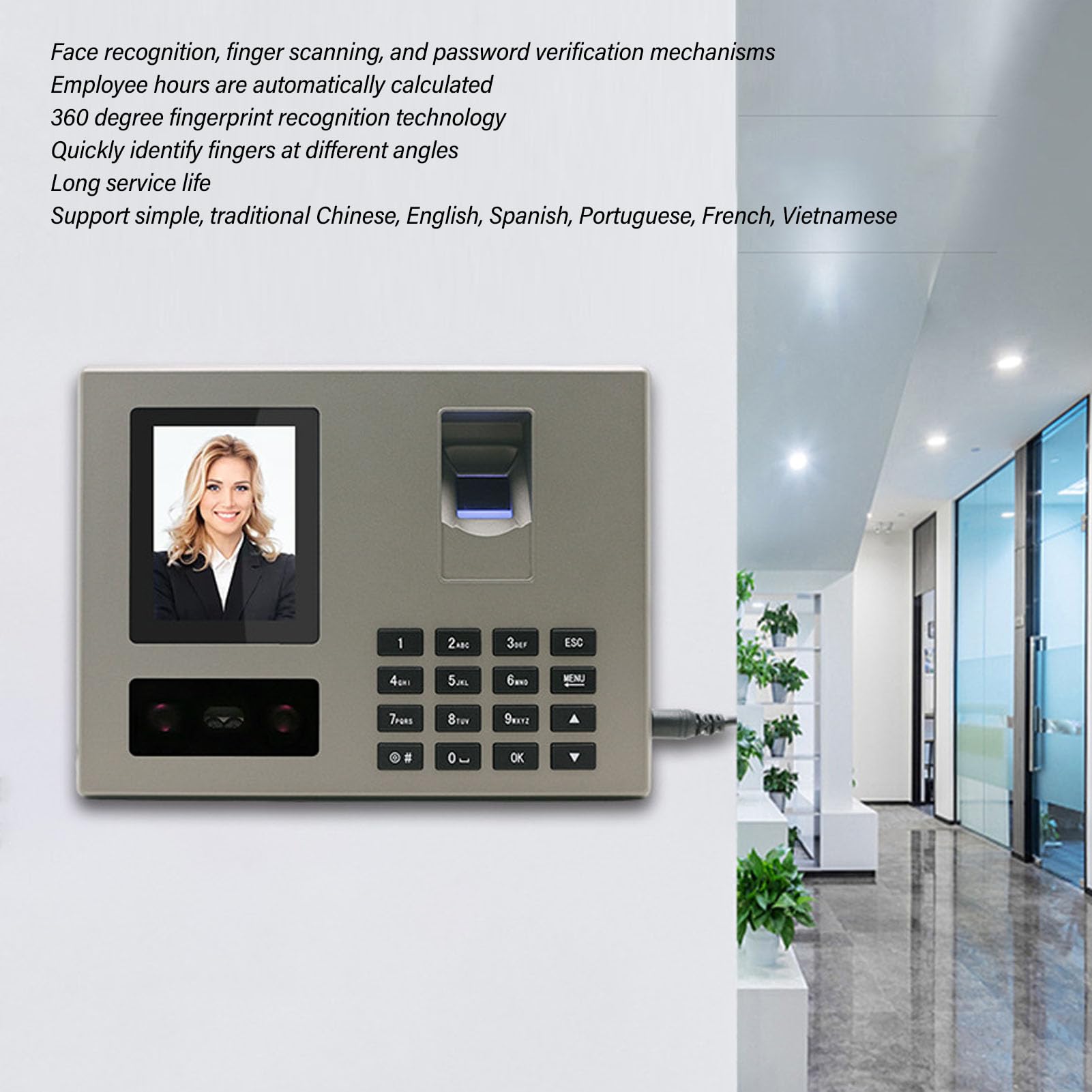 Biometric Time Clock with Fingerprint & Face Recognition - 1500 User Capacity, TFT LCD Screen, US Plug - Ideal for Small Business Employee Attendance Tracking & Workforce Management