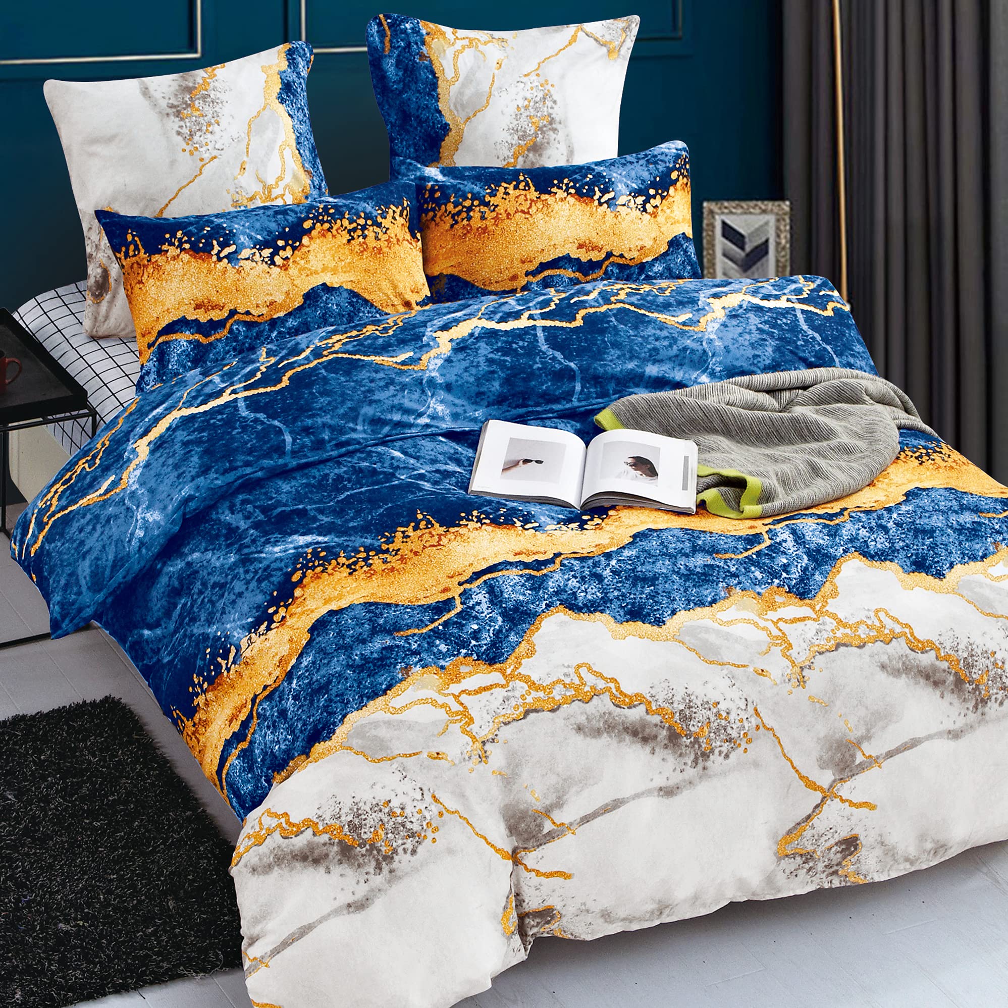 Shatex 3-Piece Queen Comforter Set - Ultra Soft 100% Microfiber Polyester All-Season Bedding in Royal Blue with Striped Marble Design & 2 Pillow Shams - Perfect for Master Bedroom, Guest Room, and Cozy Home Decor