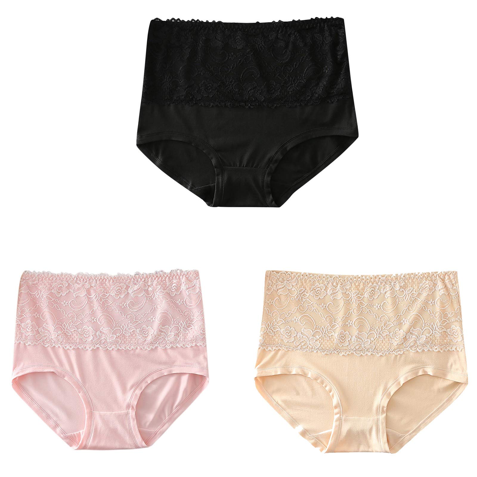 3 Pack Women's High Waist Underwear - Lace Trim Comfortable Breathable Full Coverage Briefs - Soft Milk Silk Satin Panties for Everyday Wear & Special Occasions